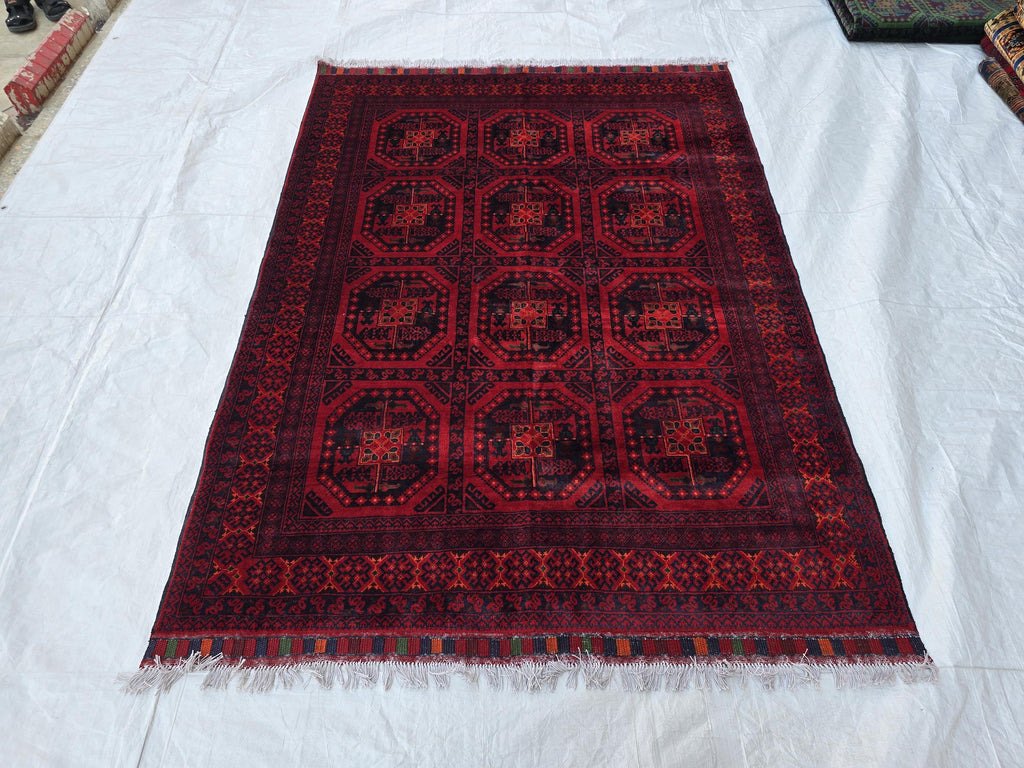 5x7 Rich Red Afghan Tribal Handwoven Soft Rug, Turkmen Oriental Wool Floor Rug, Boho Home Decor, Rug for Bedroom, Living Room Rug, Office