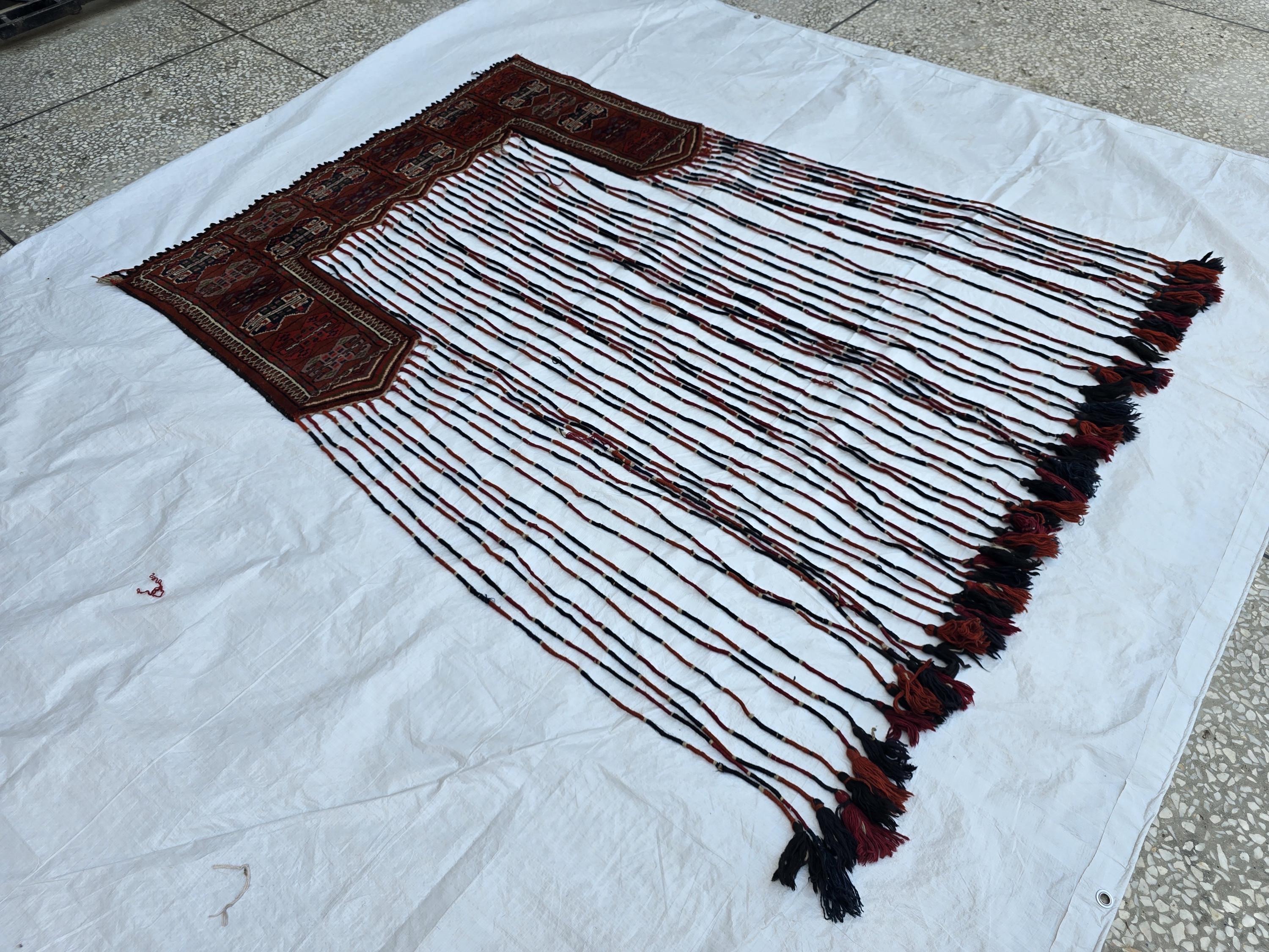 Vintage Afghan Handmade Tapestry 4x7ft – Tribal Wall Hanging with Tassels, Bohemian Oriental Textile, Nomadic Decor, Collectible Rug Art