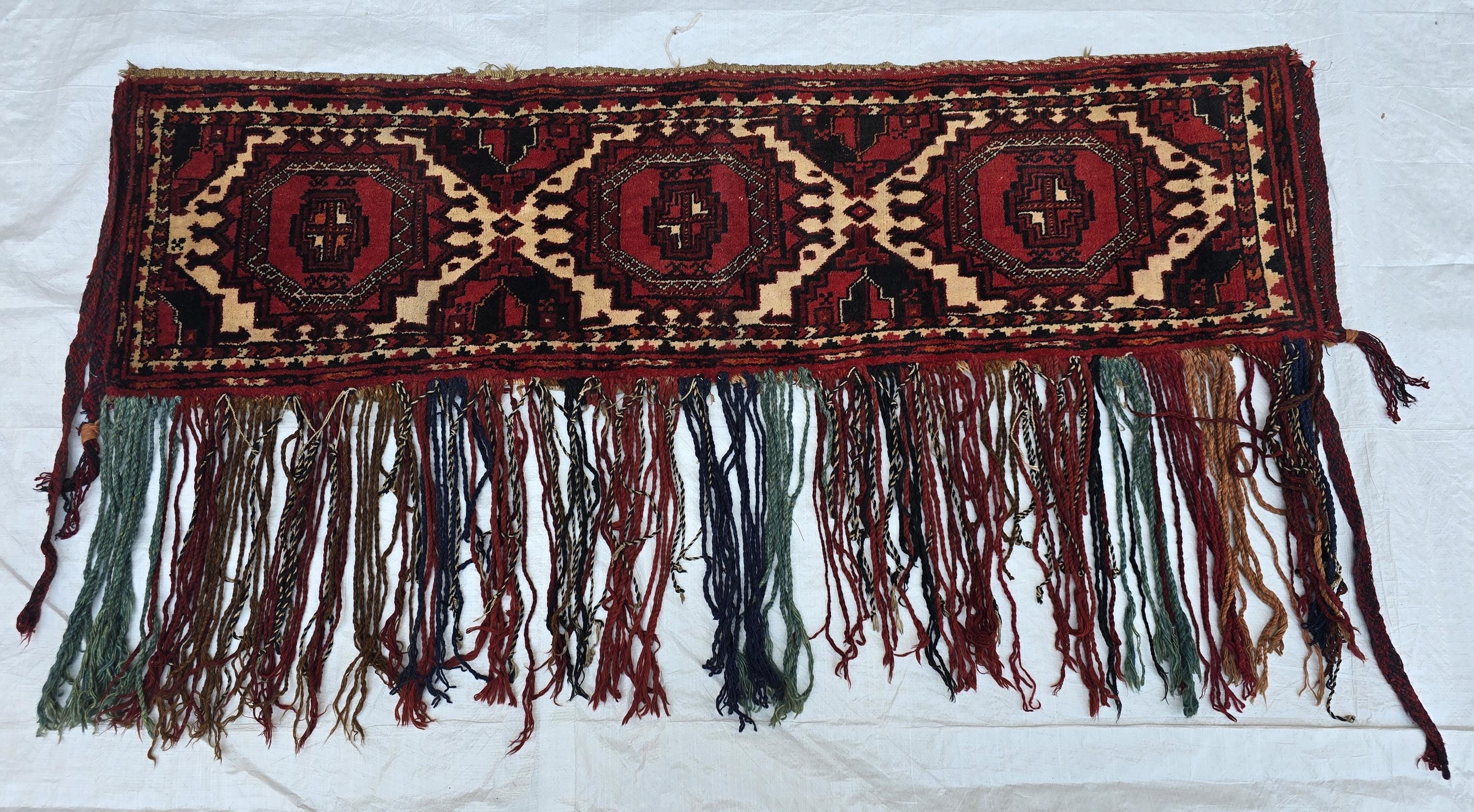 Vintage Afghan Wool Tapestry: Handmade Tribal Wall Hanging with Tassels