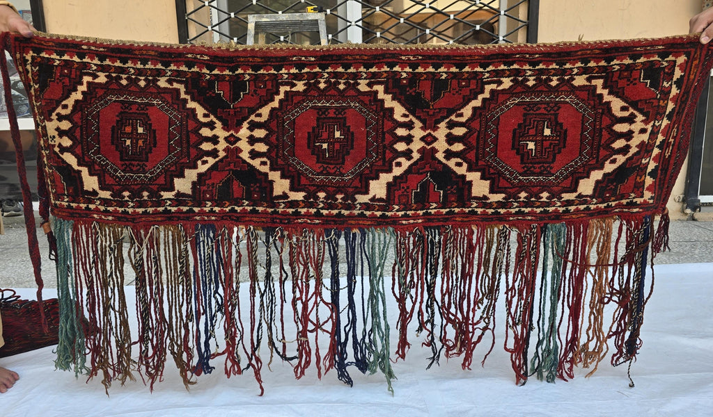 Vintage Afghan Wool Tapestry: Handmade Tribal Wall Hanging with Tassels