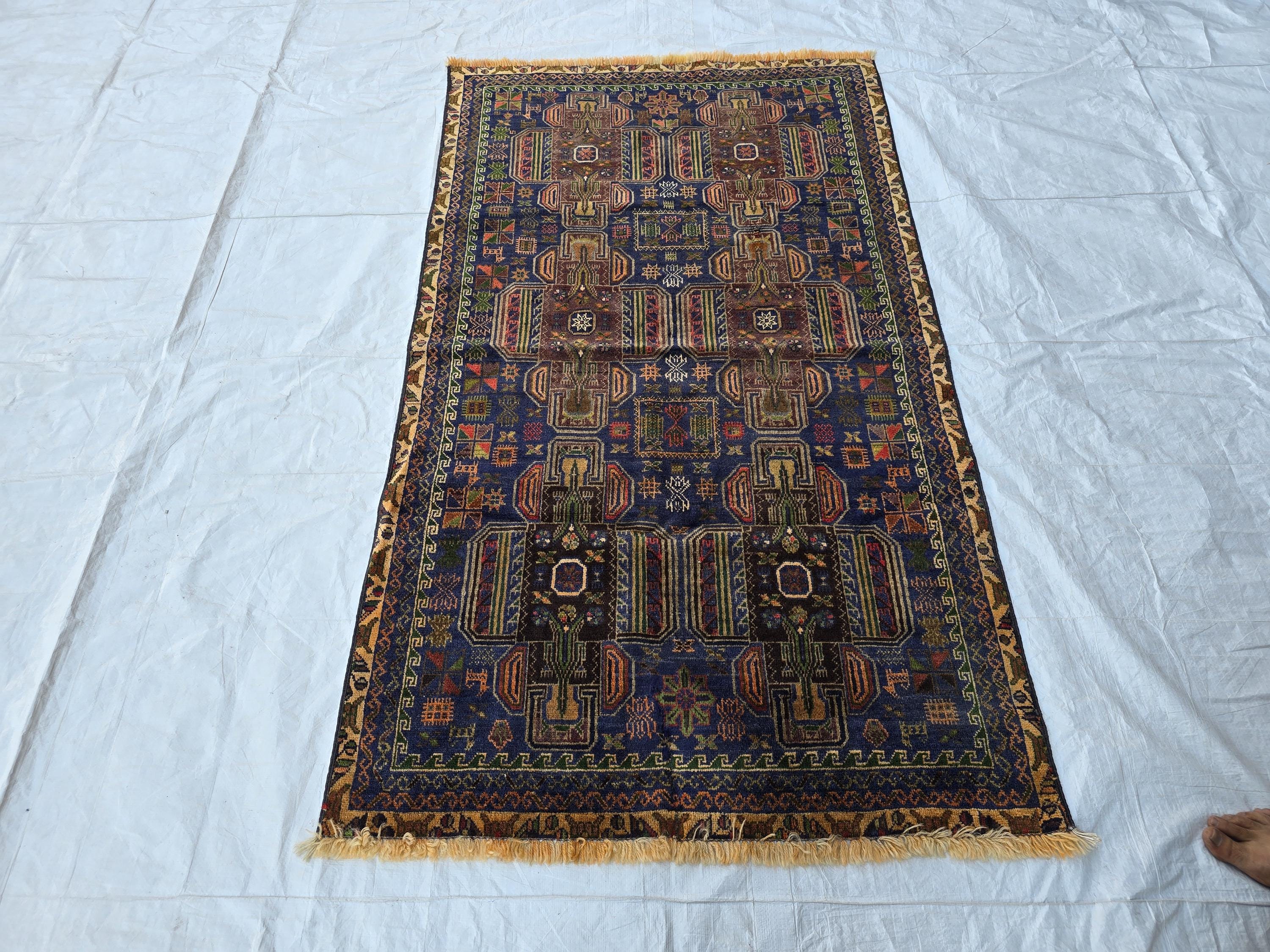 3x6 Vintage Baluchi Blue Hallway Runner, Turkmen 60 year Old Antique Collectible Afghan Rug, Hallway Rug, Narrow Rug, Corridor Rug