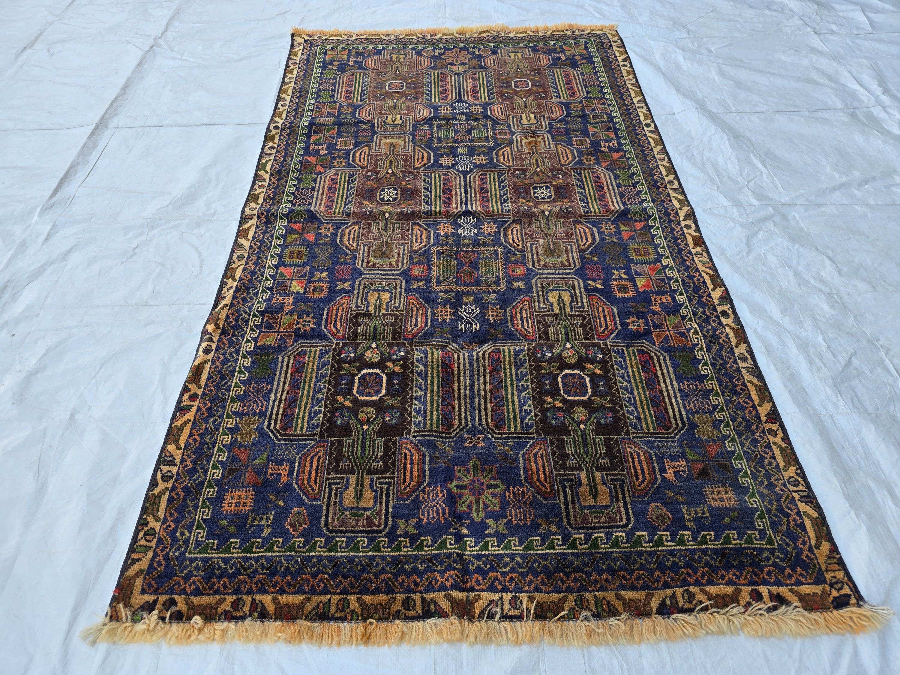 3x6 Vintage Baluchi Blue Hallway Runner, Turkmen 60 year Old Antique Collectible Afghan Rug, Hallway Rug, Narrow Rug, Corridor Rug