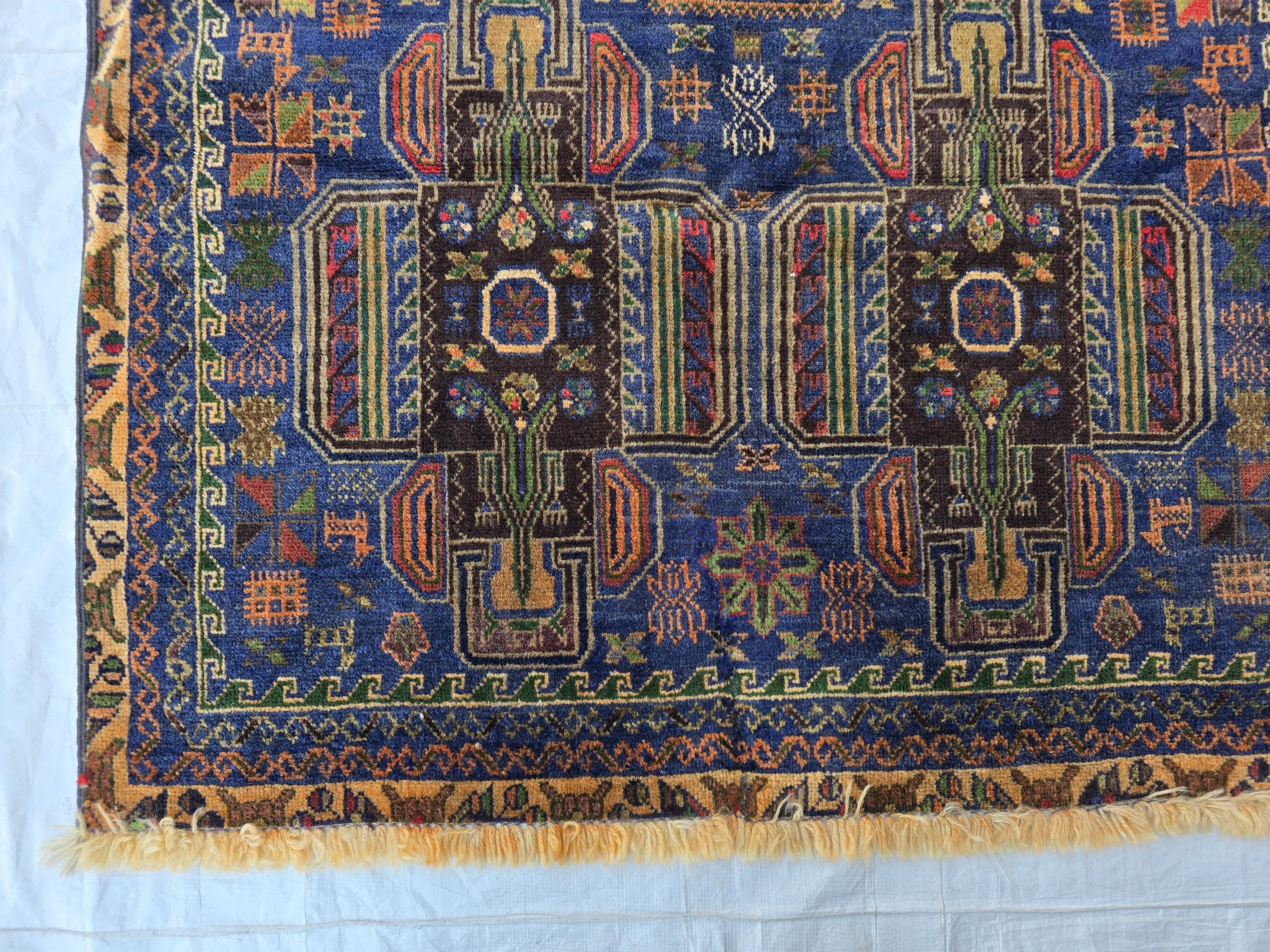 3x6 Vintage Baluchi Blue Hallway Runner, Turkmen 60 year Old Antique Collectible Afghan Rug, Hallway Rug, Narrow Rug, Corridor Rug
