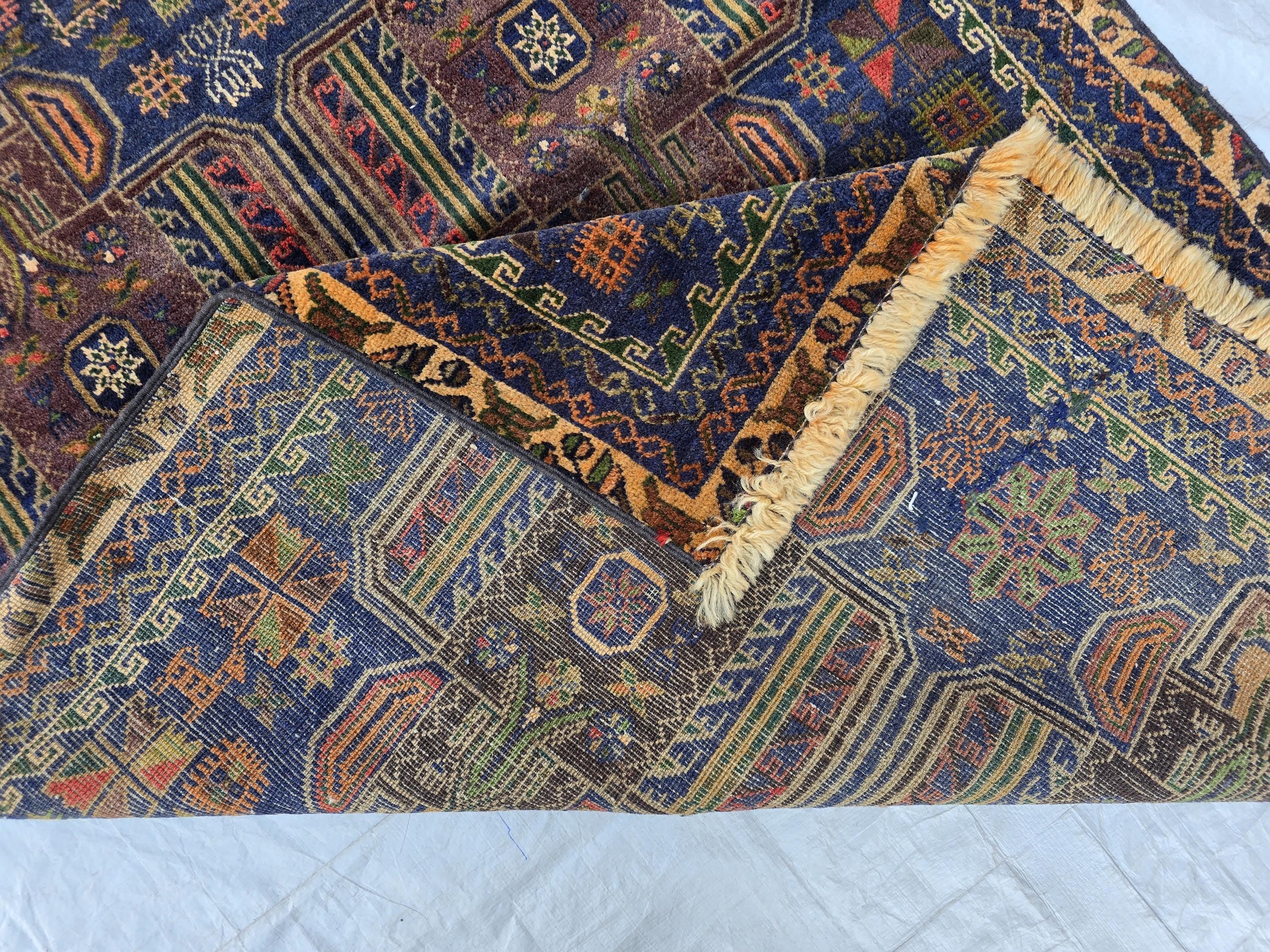 3x6 Vintage Baluchi Blue Hallway Runner, Turkmen 60 year Old Antique Collectible Afghan Rug, Hallway Rug, Narrow Rug, Corridor Rug