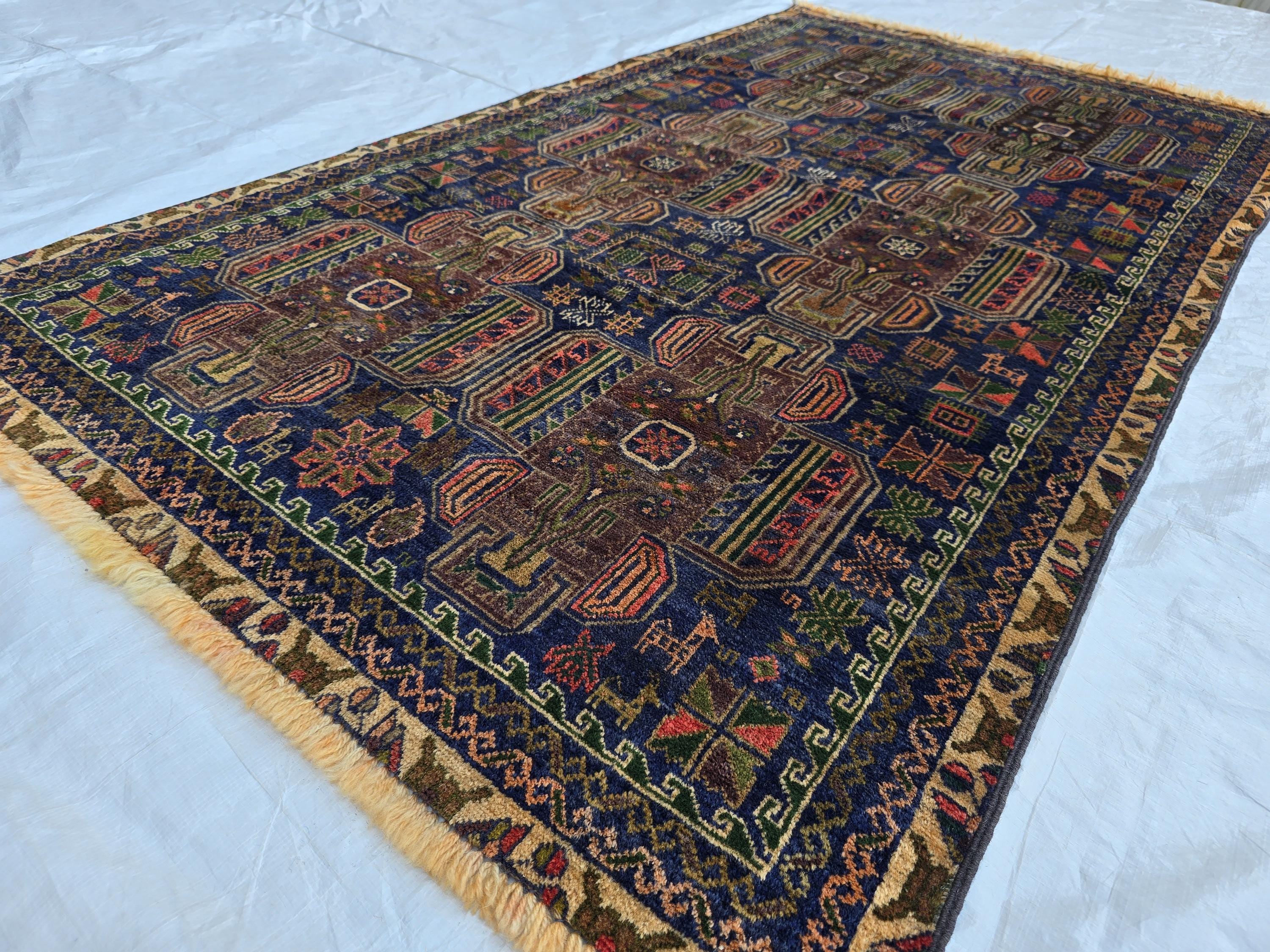 3x6 Vintage Baluchi Blue Hallway Runner, Turkmen 60 year Old Antique Collectible Afghan Rug, Hallway Rug, Narrow Rug, Corridor Rug