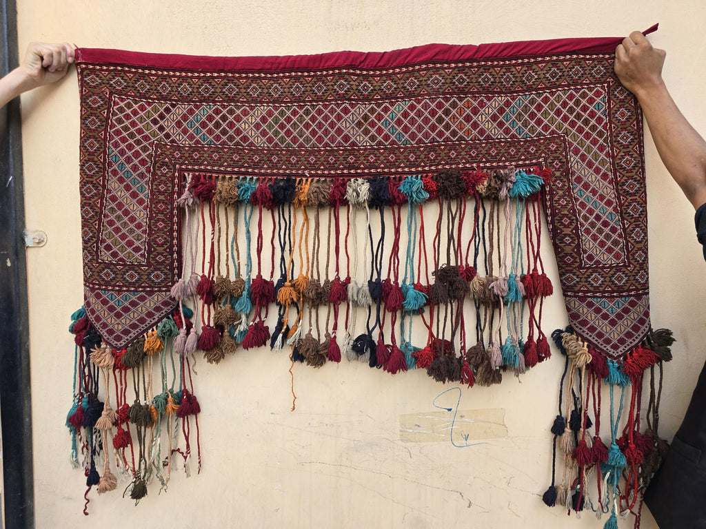 Maroon Teal Handwoven Wall Hanging – Vintage Bohemian Wool Tapestry with Tassels