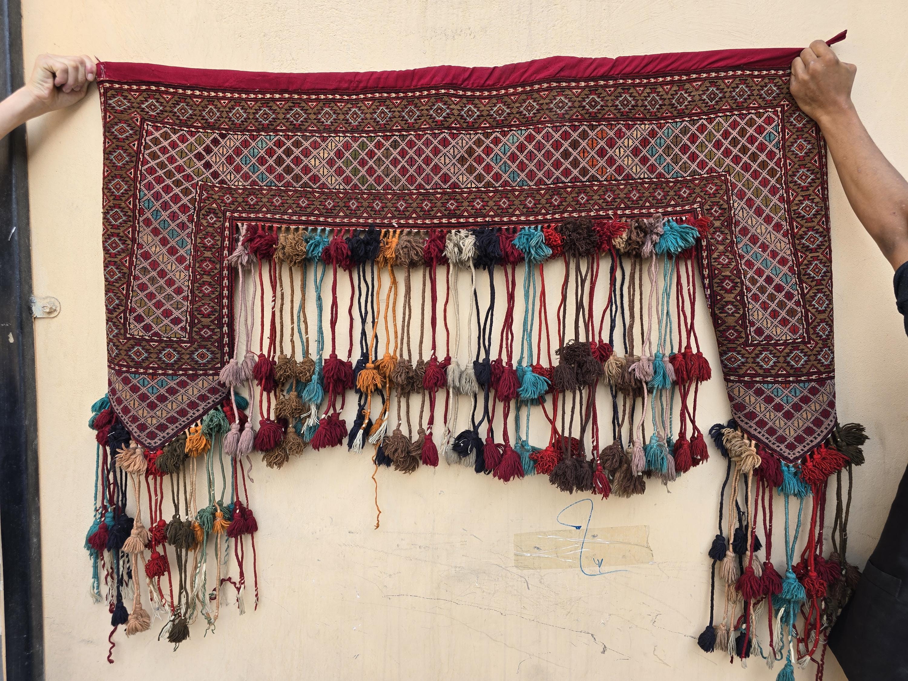 Maroon Teal Handwoven Wall Hanging – Vintage Bohemian Wool Tapestry with Tassels