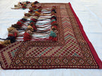 Maroon Teal Handwoven Wall Hanging – Vintage Bohemian Wool Tapestry with Tassels