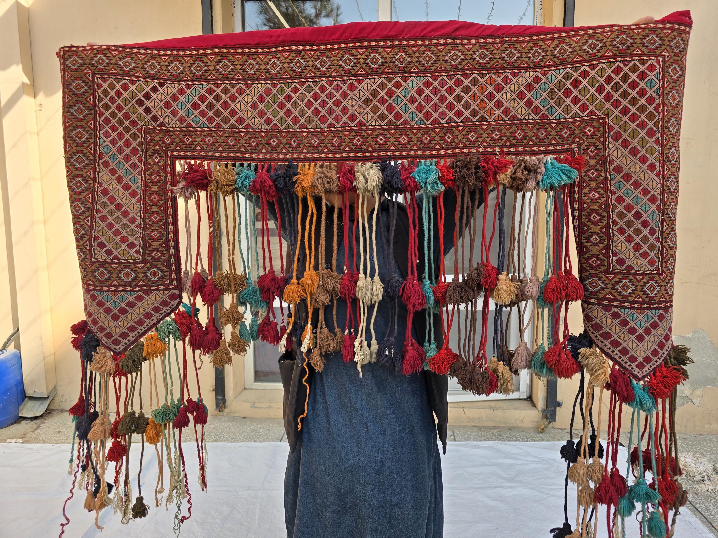 Maroon Teal Handwoven Wall Hanging – Vintage Bohemian Wool Tapestry with Tassels