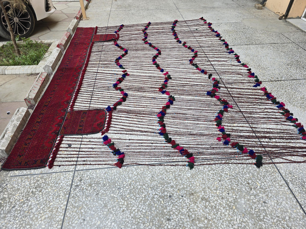 Large Afghan Handwoven Rug Wall Hanging – 9.7x7.8ft Vintage Tribal Tapestry with Tassels, Bohemian Woven Afghan Carpet