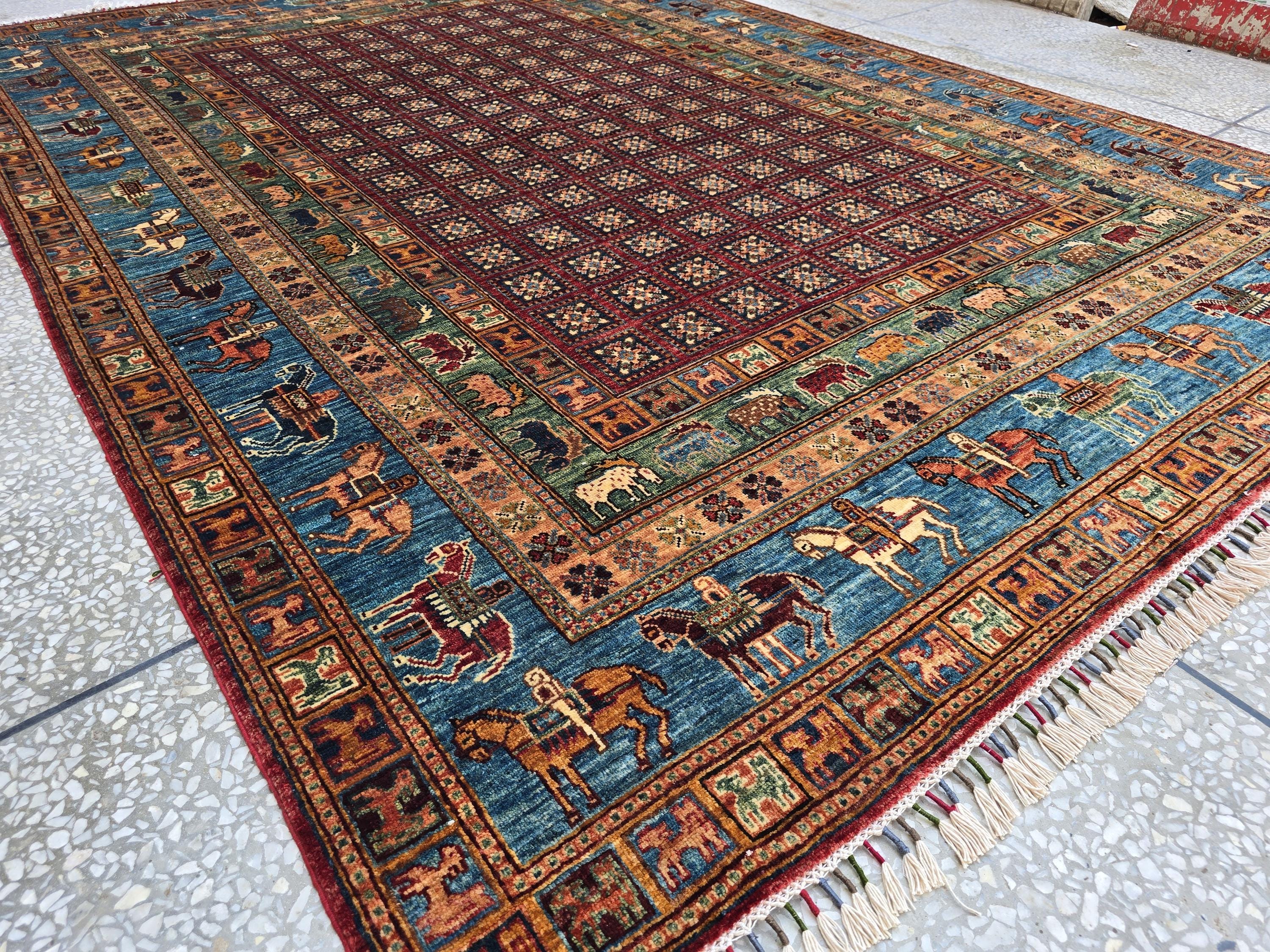 Handmade Afghan Wool Rug 7x10 ft: Tribal Geometric Design, Living Room Carpet