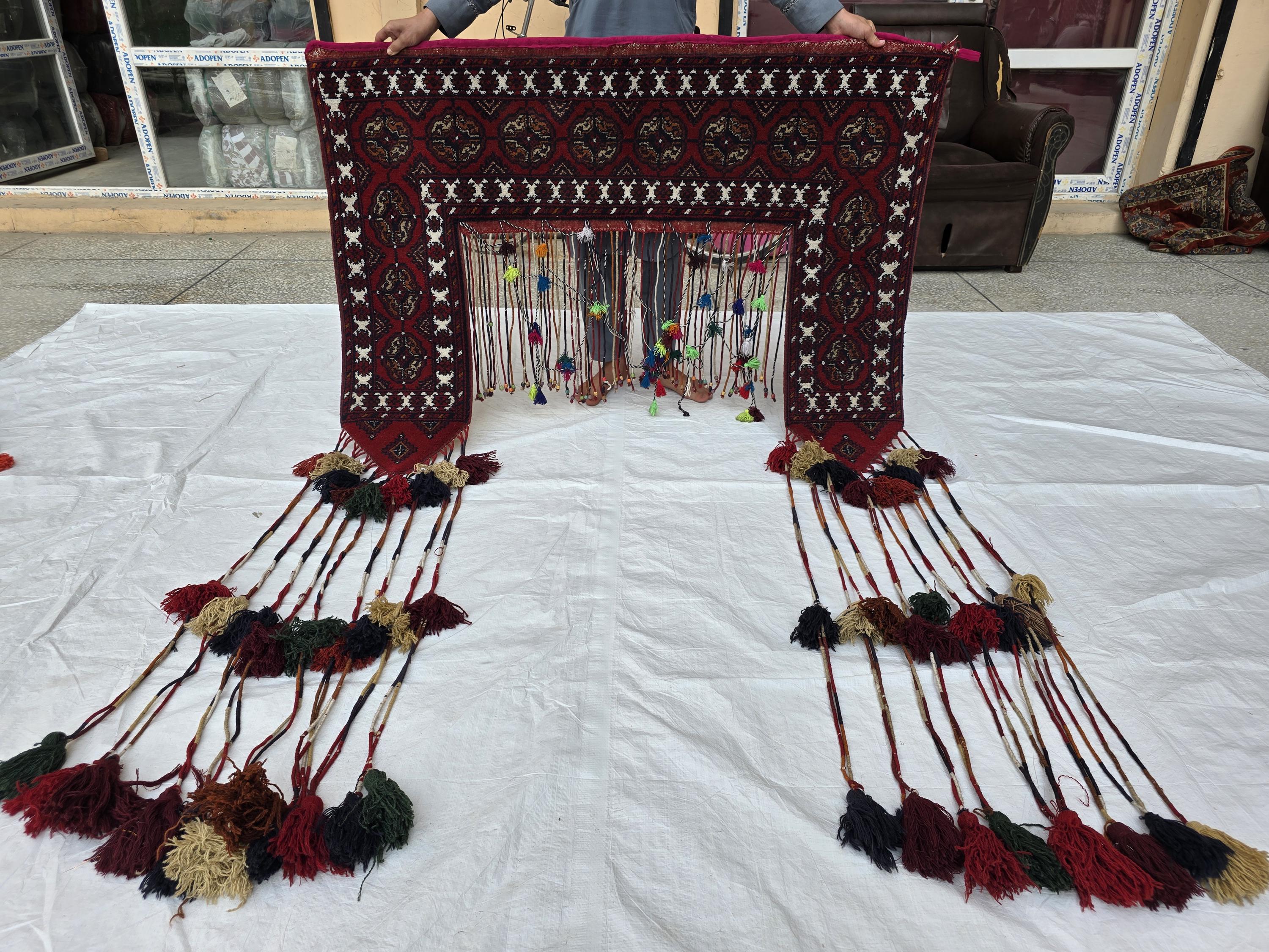 Afghan Handwoven Decorative Tapestry Jalar 4.8ft wide x 6.6ft Length with Long Tassels – Tribal Wall Hanging / Doorway Textile, Home Decor