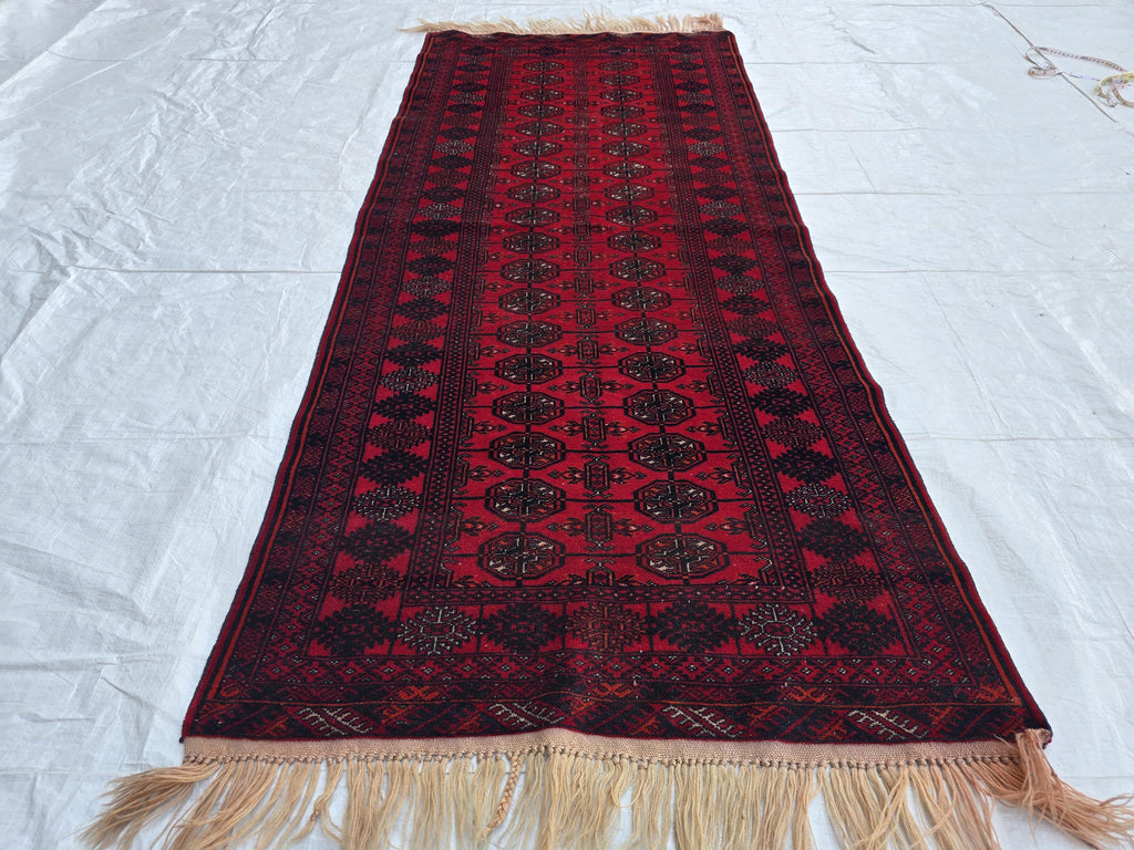 3x6ft Vintage Afghan Mowi Gull Runner Rug, Turkmen Oriental Wool Red Rug, Hallway Rug, Corridor Rug, Small Area Rug
