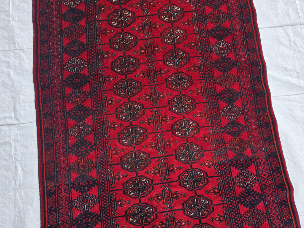 3x6ft Vintage Afghan Mowi Gull Runner Rug, Turkmen Oriental Wool Red Rug, Hallway Rug, Corridor Rug, Small Area Rug