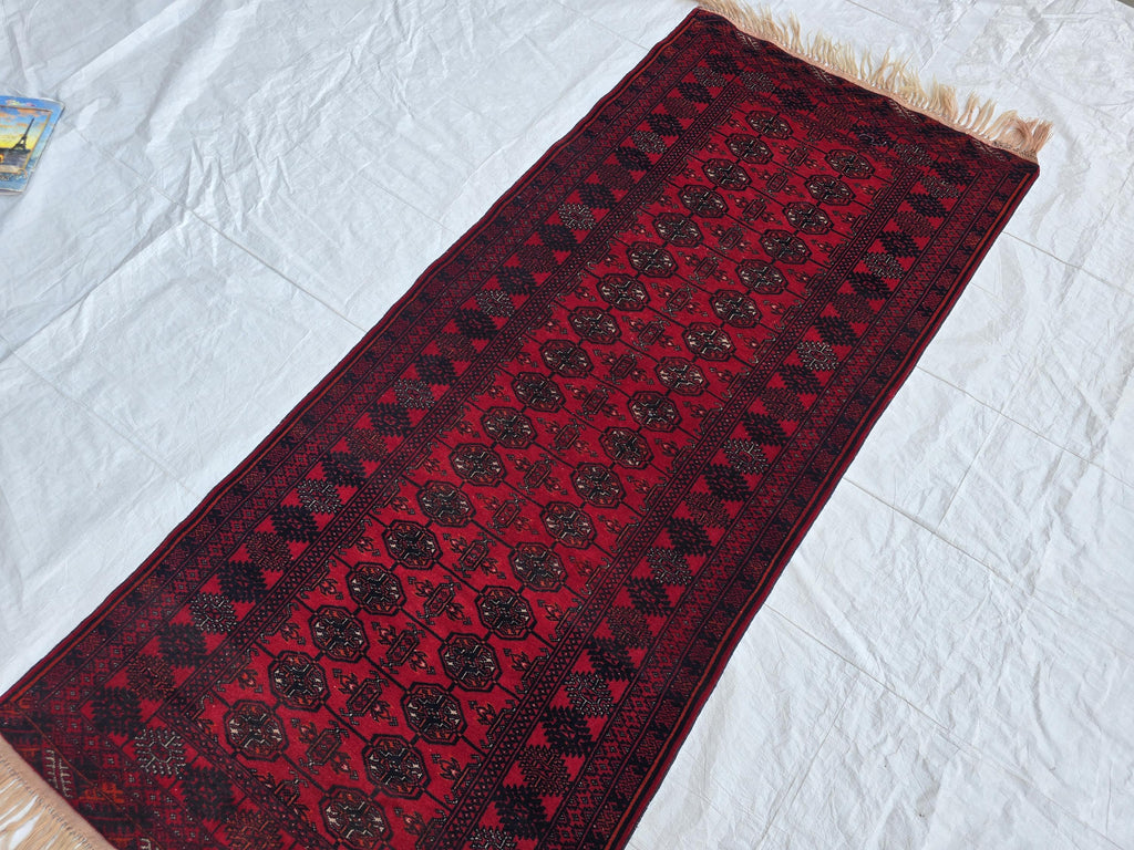 3x6ft Vintage Afghan Mowi Gull Runner Rug, Turkmen Oriental Wool Red Rug, Hallway Rug, Corridor Rug, Small Area Rug