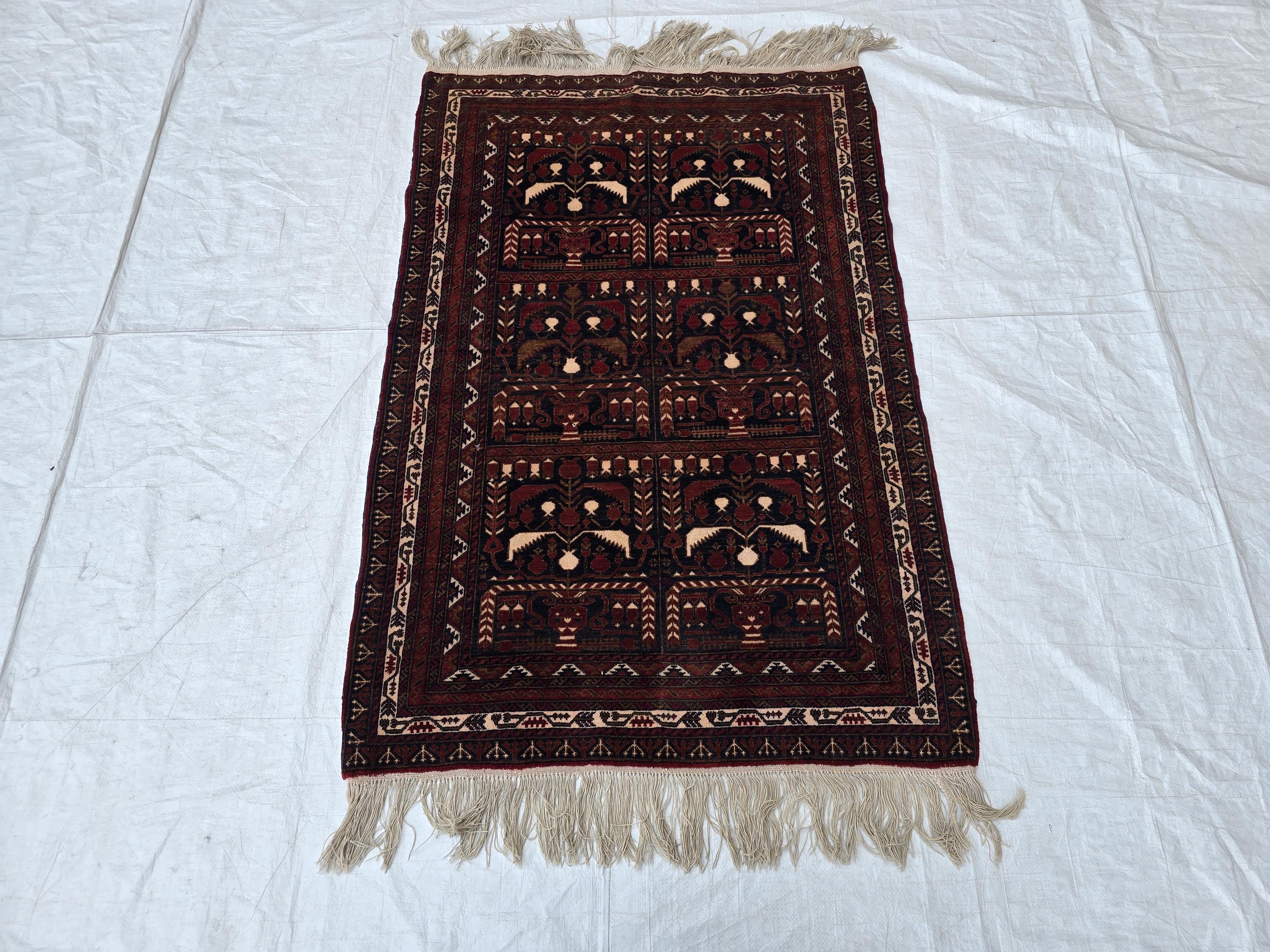 Vintage Baluchi Handwoven Accent Rug, 4x5ft, Turkmen Geometric Wool Rug, Bedroom Rug, office Rug, Collectible Afghan Rug, Entrance Rug