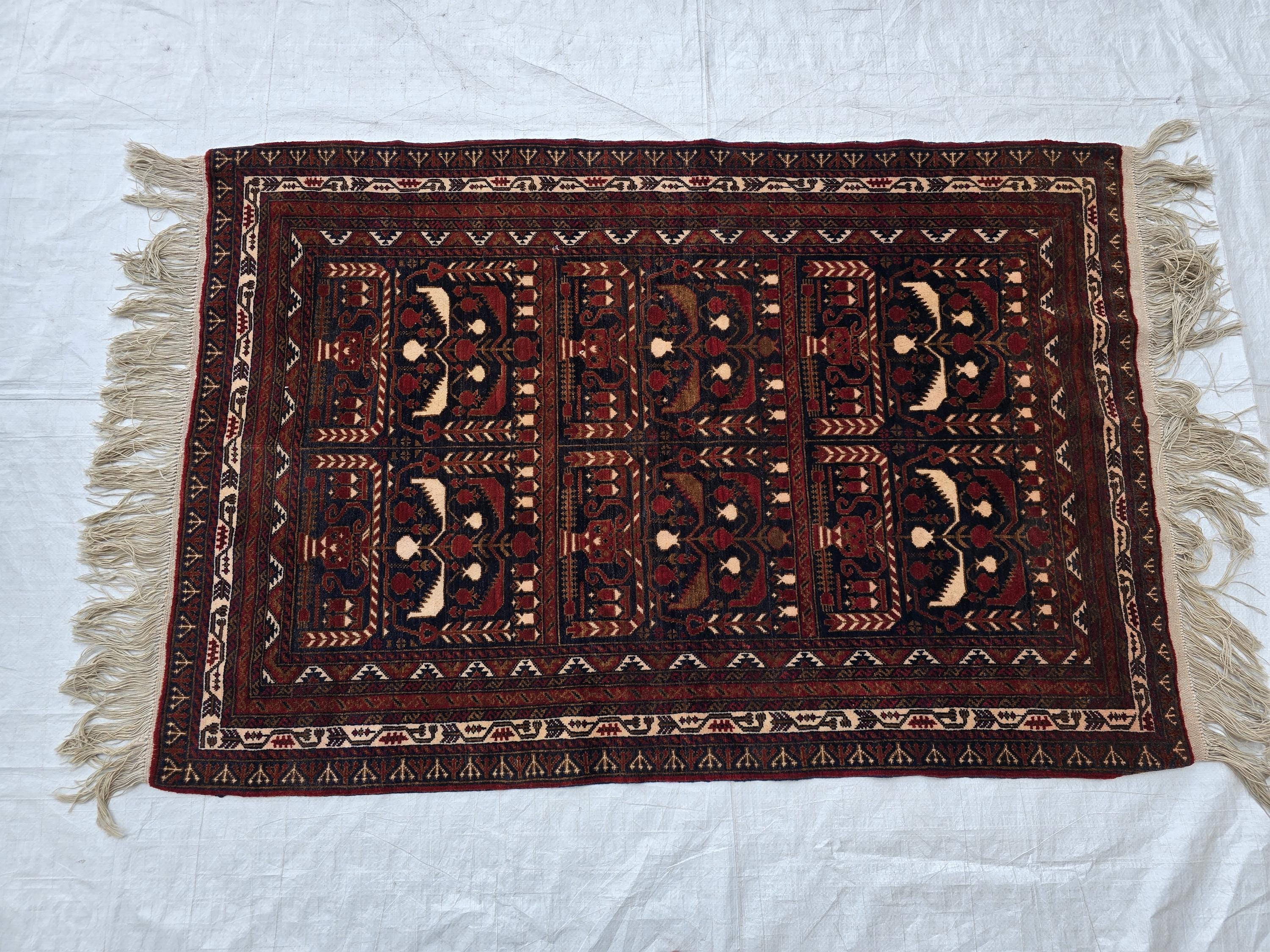 Vintage Baluchi Handwoven Accent Rug, 4x5ft, Turkmen Geometric Wool Rug, Bedroom Rug, office Rug, Collectible Afghan Rug, Entrance Rug