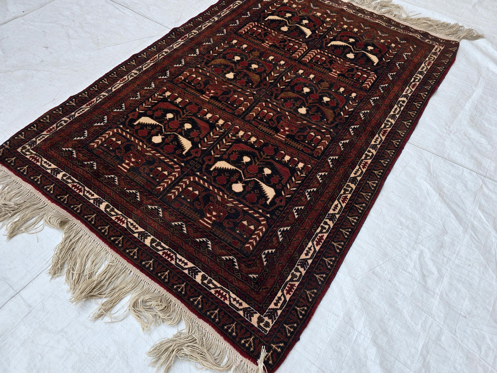 Vintage Baluchi Handwoven Accent Rug, 4x5ft, Turkmen Geometric Wool Rug, Bedroom Rug, office Rug, Collectible Afghan Rug, Entrance Rug