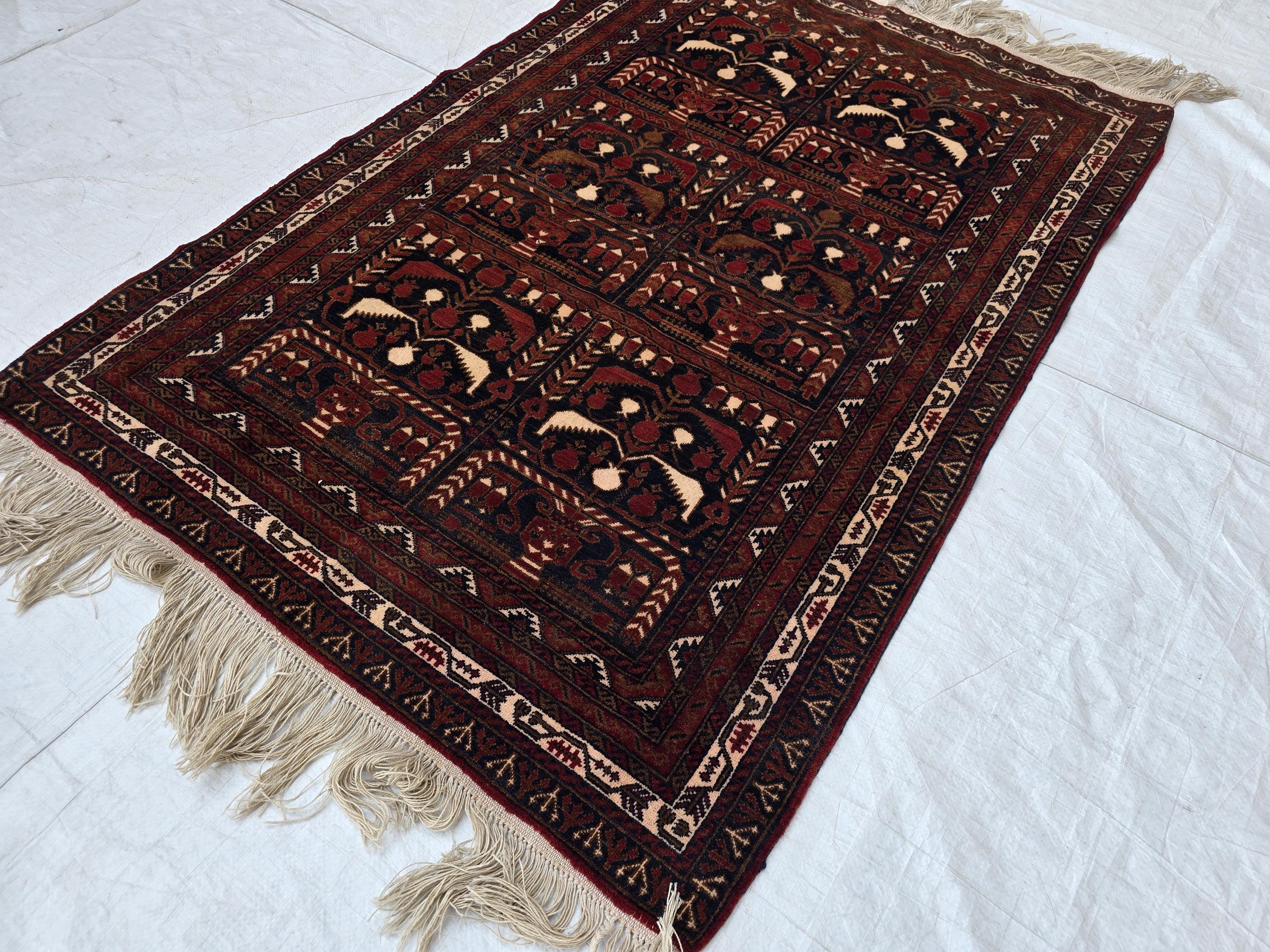Vintage Baluchi Handwoven Accent Rug, 4x5ft, Turkmen Geometric Wool Rug, Bedroom Rug, office Rug, Collectible Afghan Rug, Entrance Rug