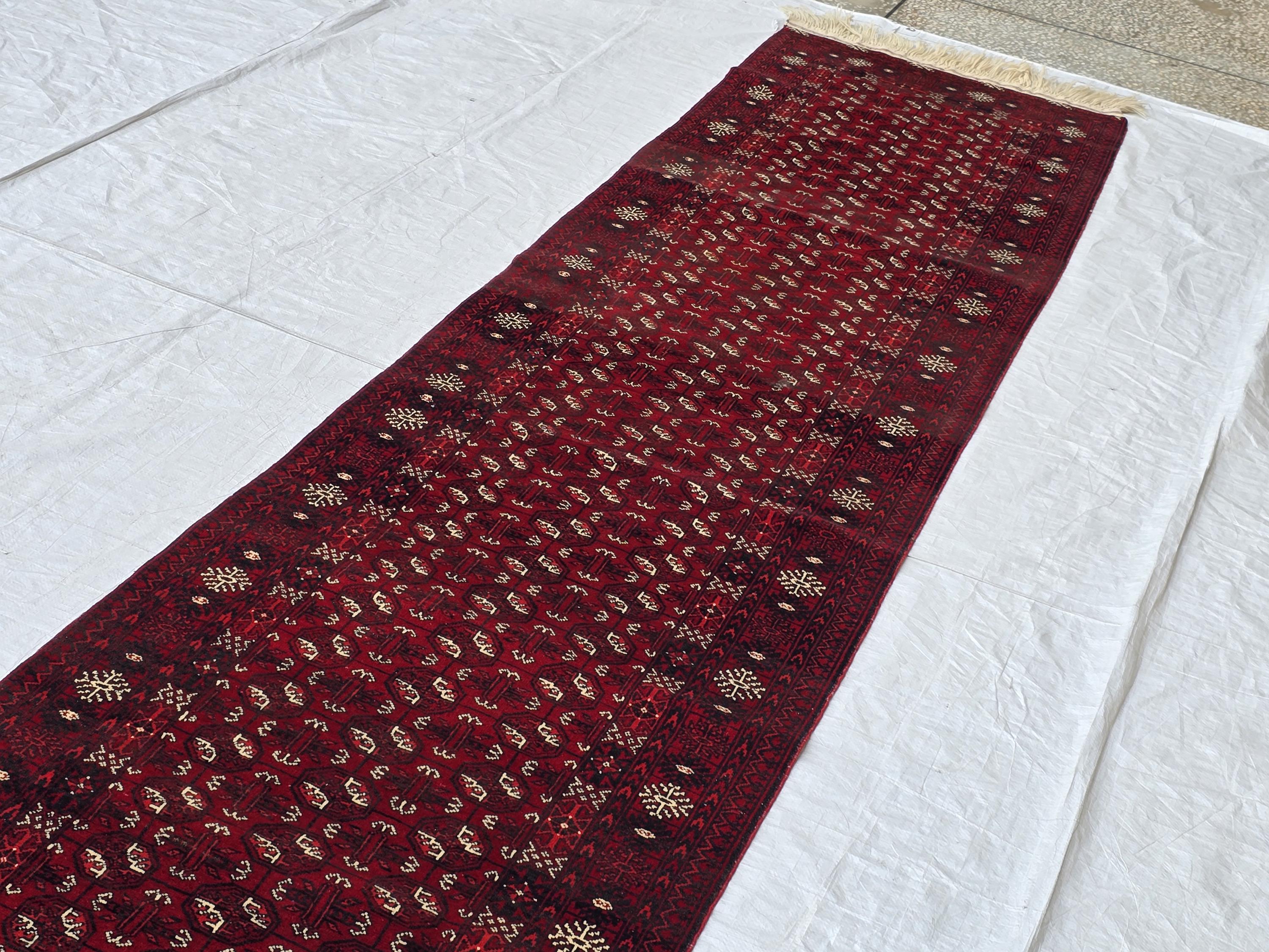 3x13 Vintage Ahal Gul Afghan Tribal Handmade Hallway Rug, Turkmen Oriental Wool Area Rug, Home Decor, Corridor Rug, Long Narrow Rug