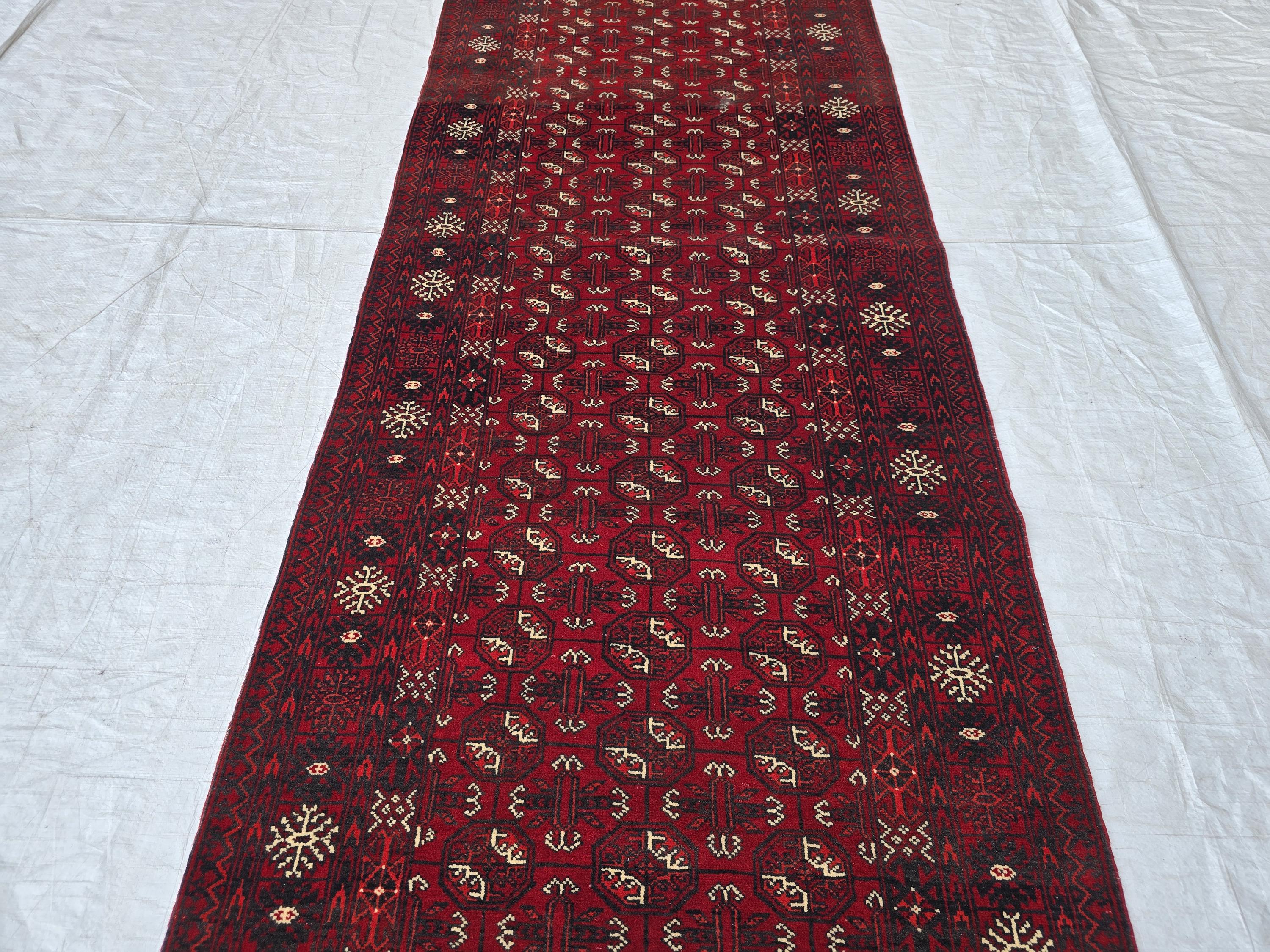 3x13 Vintage Ahal Gul Afghan Tribal Handmade Hallway Rug, Turkmen Oriental Wool Area Rug, Home Decor, Corridor Rug, Long Narrow Rug