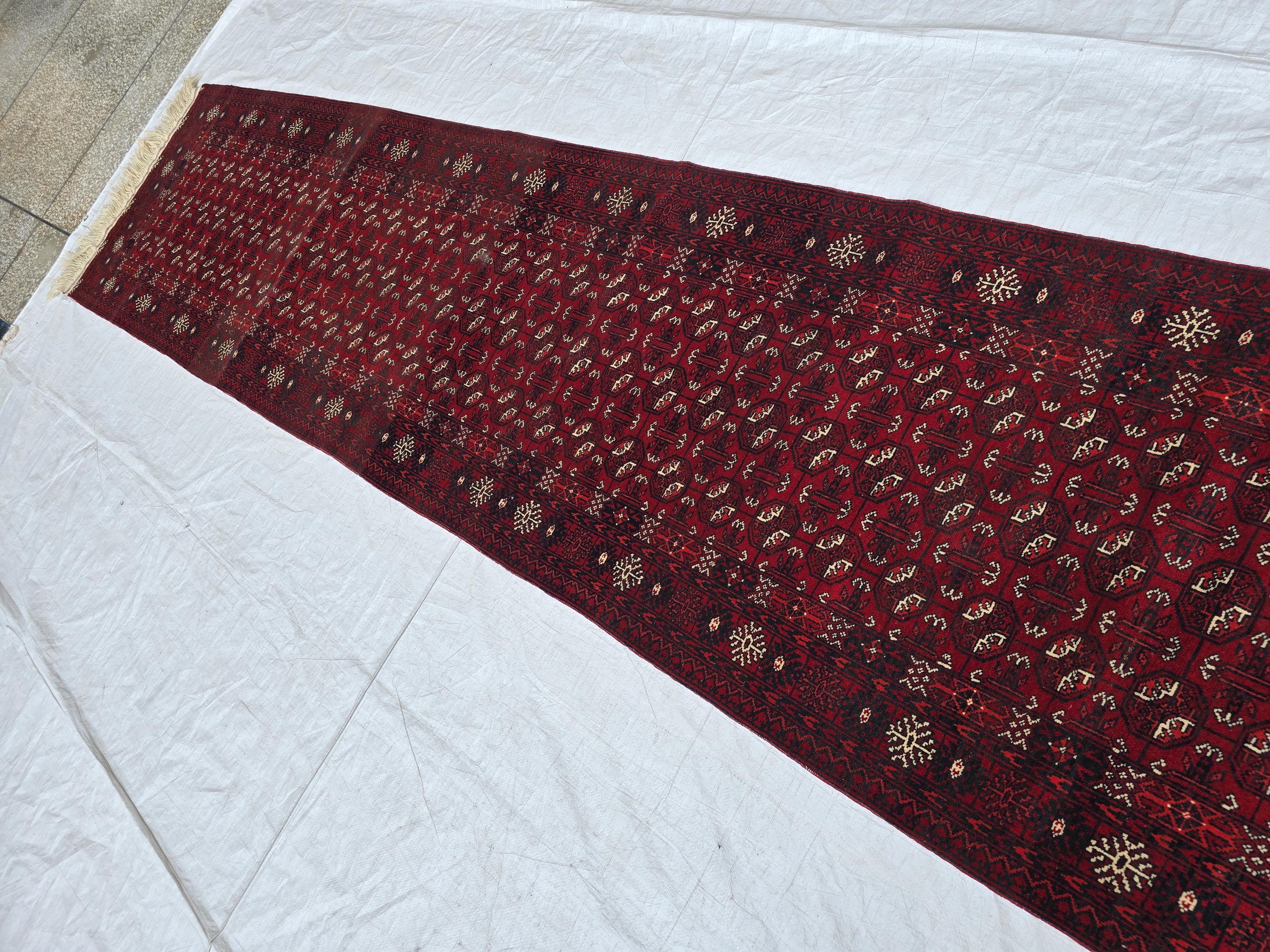 3x13 Vintage Ahal Gul Afghan Tribal Handmade Hallway Rug, Turkmen Oriental Wool Area Rug, Home Decor, Corridor Rug, Long Narrow Rug