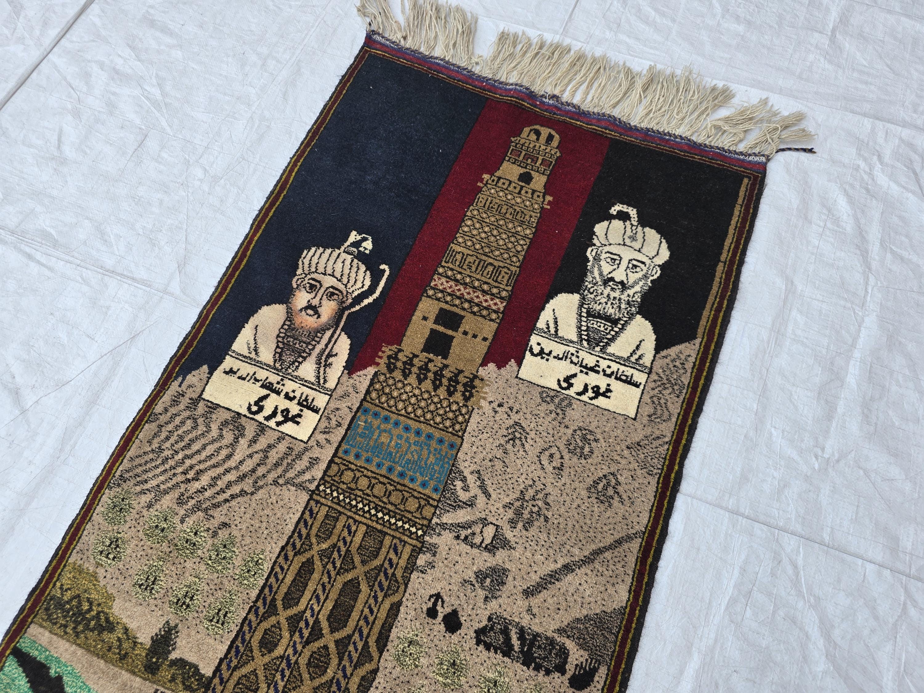 Vintage Afghan Rug 3x5ft, Turkmen Pictorial Afghan Historical Personalities, Home Decor Rug, Wall Decor Afghan Carpet