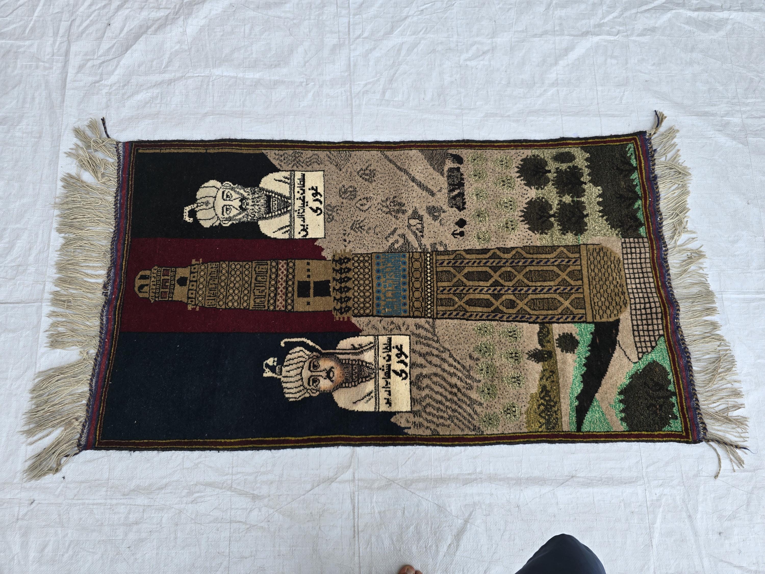 Vintage Afghan Rug 3x5ft, Turkmen Pictorial Afghan Historical Personalities, Home Decor Rug, Wall Decor Afghan Carpet