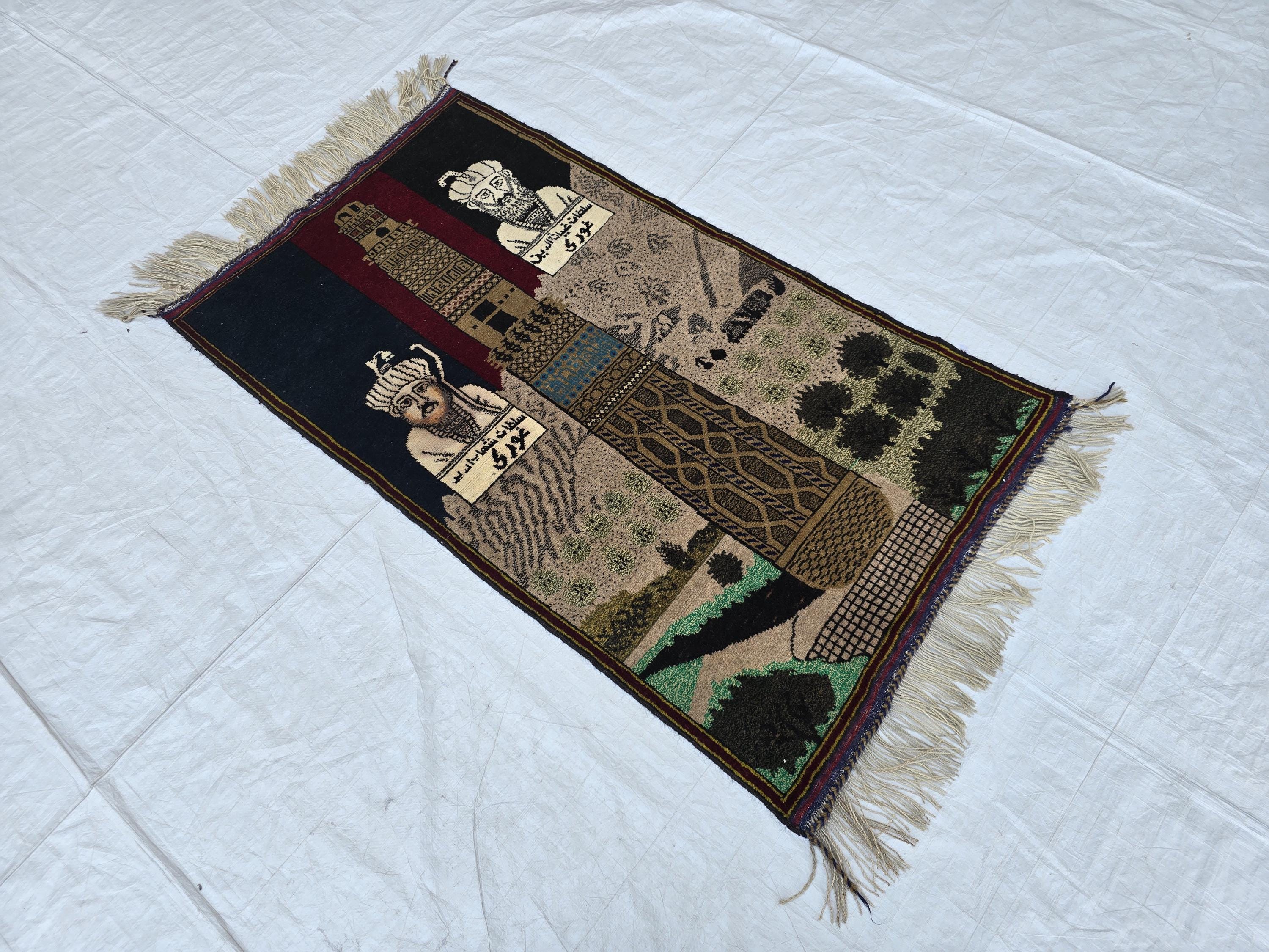 Vintage Afghan Rug 3x5ft, Turkmen Pictorial Afghan Historical Personalities, Home Decor Rug, Wall Decor Afghan Carpet
