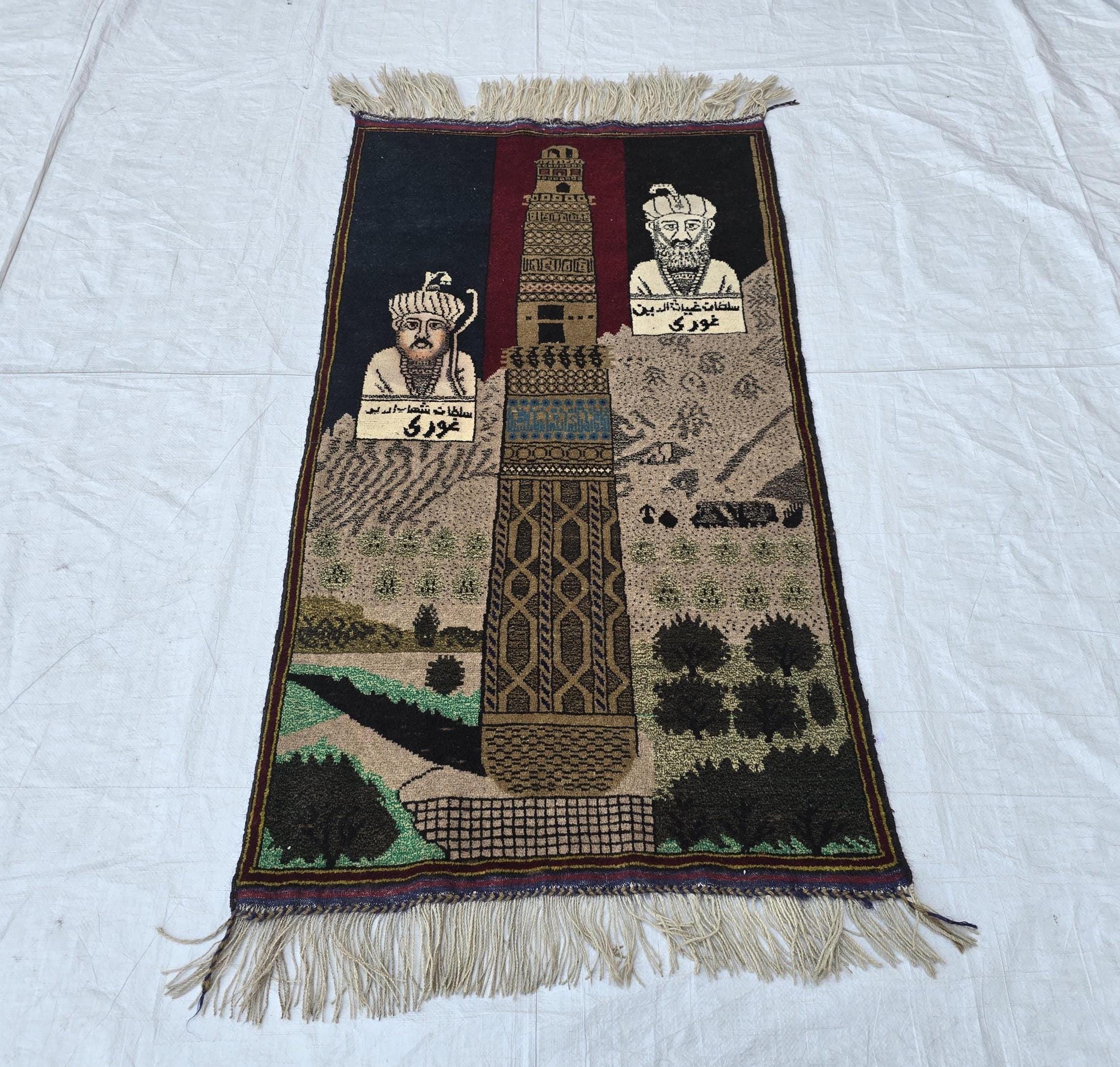Vintage Afghan Rug 3x5ft, Turkmen Pictorial Afghan Historical Personalities, Home Decor Rug, Wall Decor Afghan Carpet