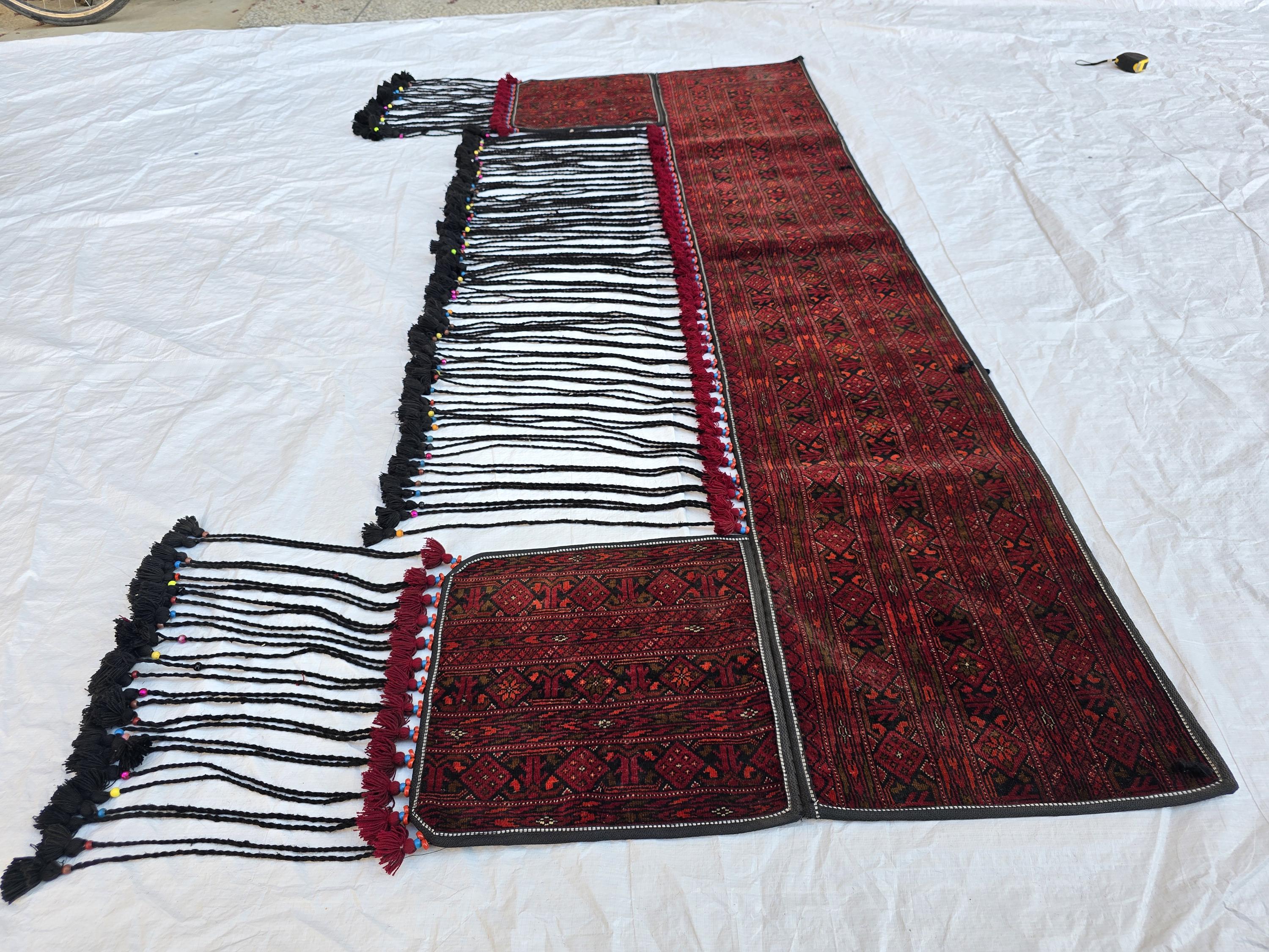 Handmade Afghan Tribal Wall Hanging Rug – 7ft Decorative Wool Textile with Tassels, Traditional Ethnic Design, Vintage Home Decor, Doorway