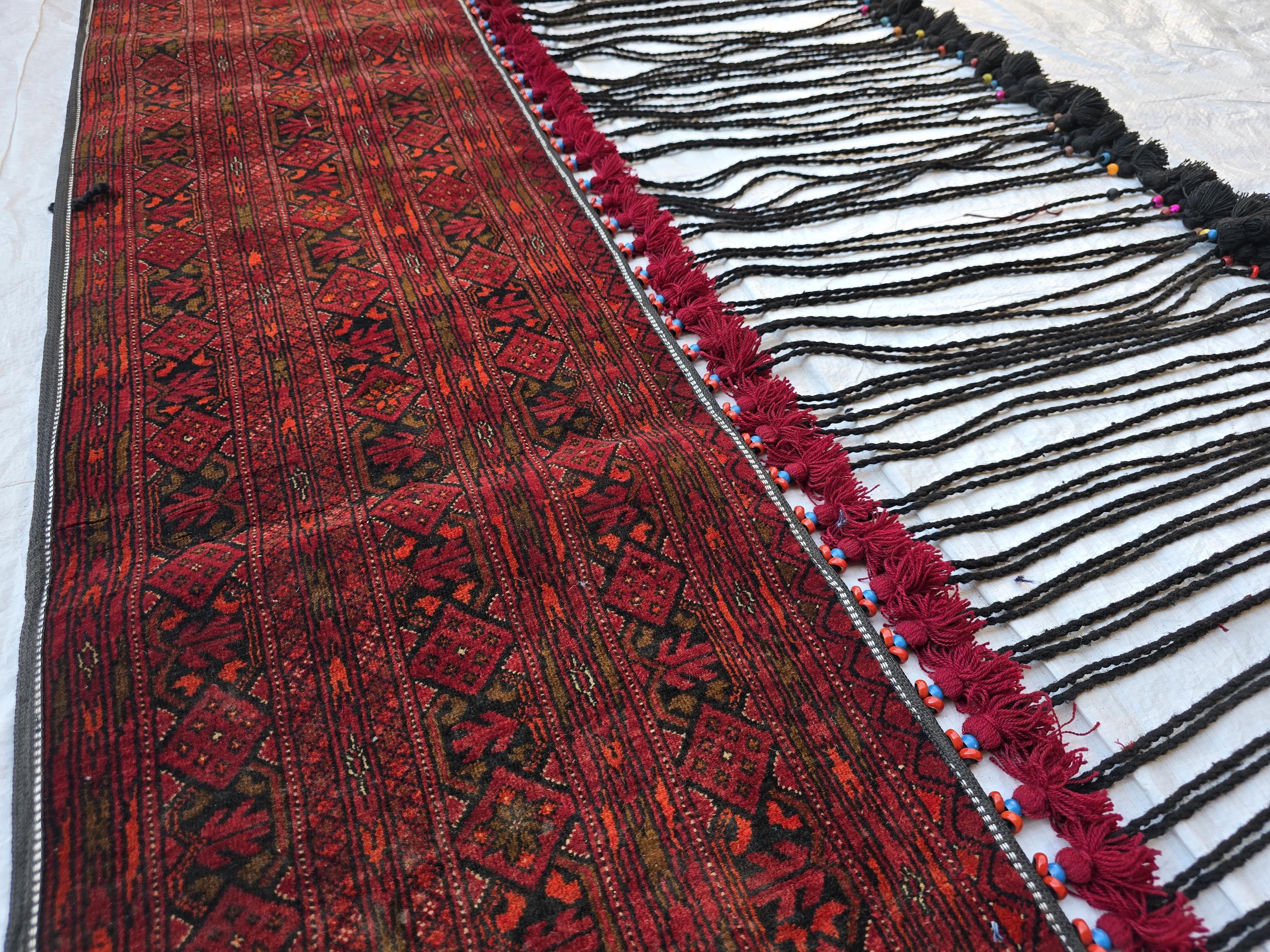 Handmade Afghan Tribal Wall Hanging Rug – 7ft Decorative Wool Textile with Tassels, Traditional Ethnic Design, Vintage Home Decor, Doorway