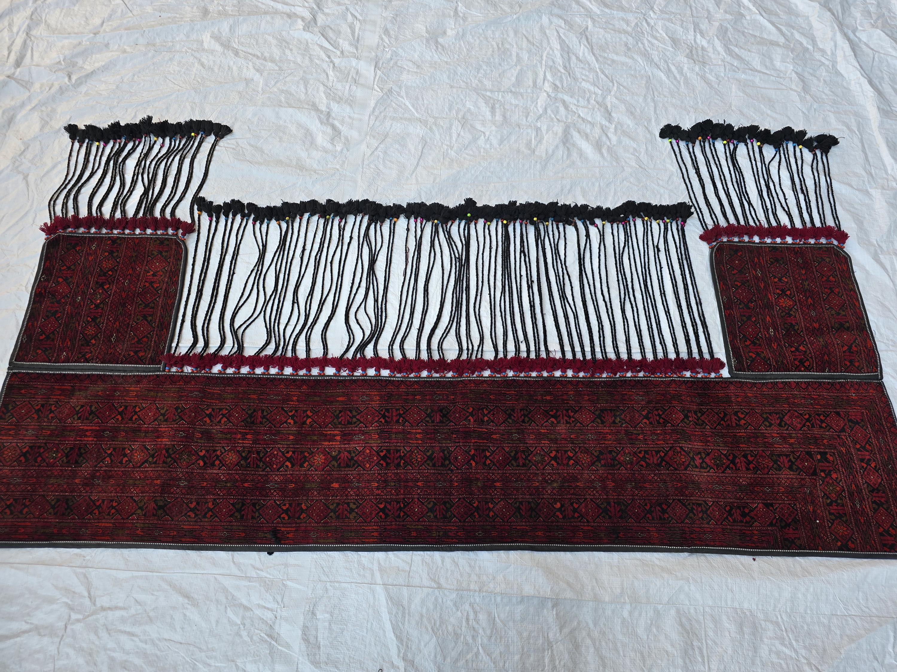 Handmade Afghan Tribal Wall Hanging Rug – 7ft Decorative Wool Textile with Tassels, Traditional Ethnic Design, Vintage Home Decor, Doorway