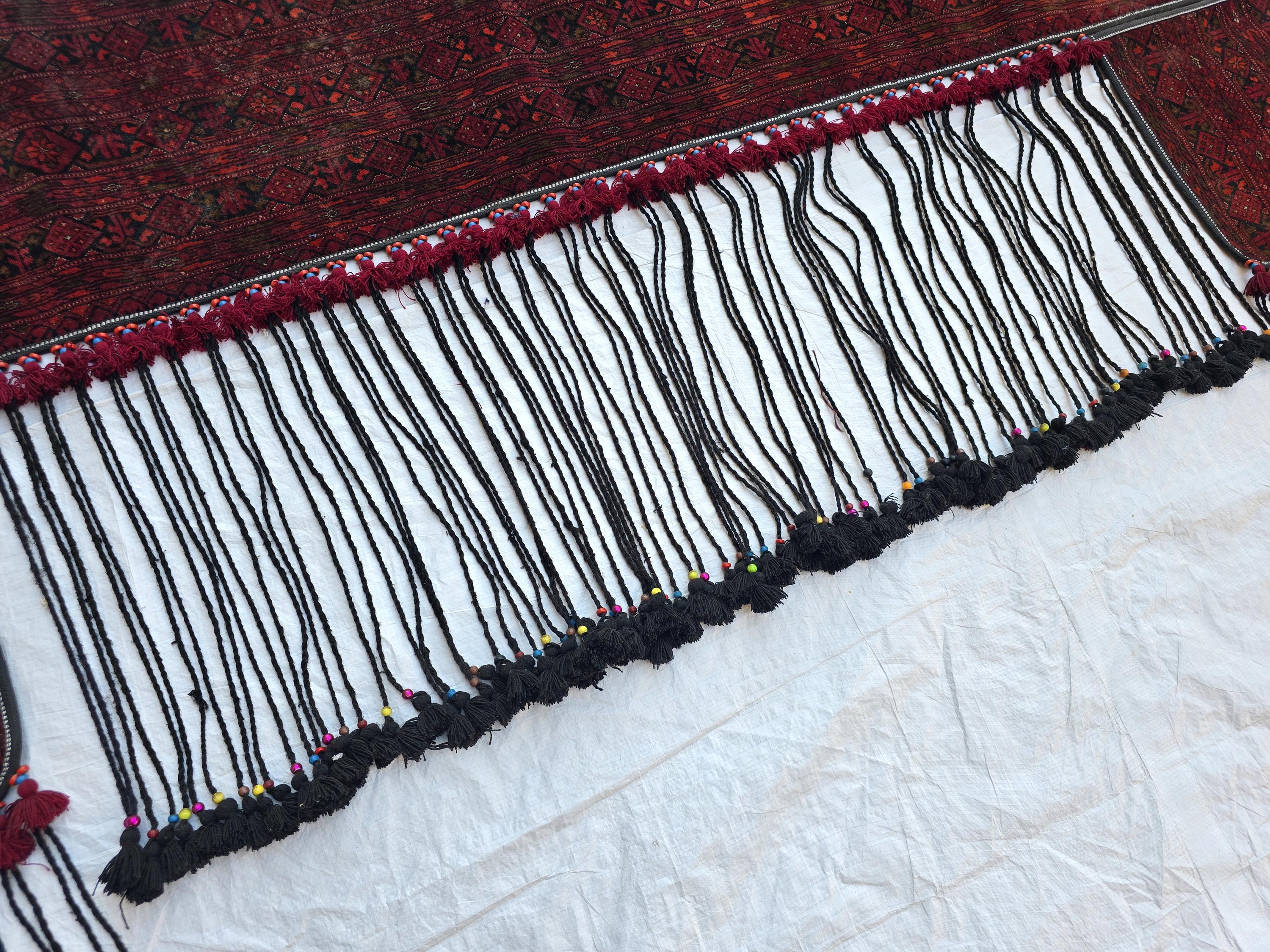 Handmade Afghan Tribal Wall Hanging Rug – 7ft Decorative Wool Textile with Tassels, Traditional Ethnic Design, Vintage Home Decor, Doorway