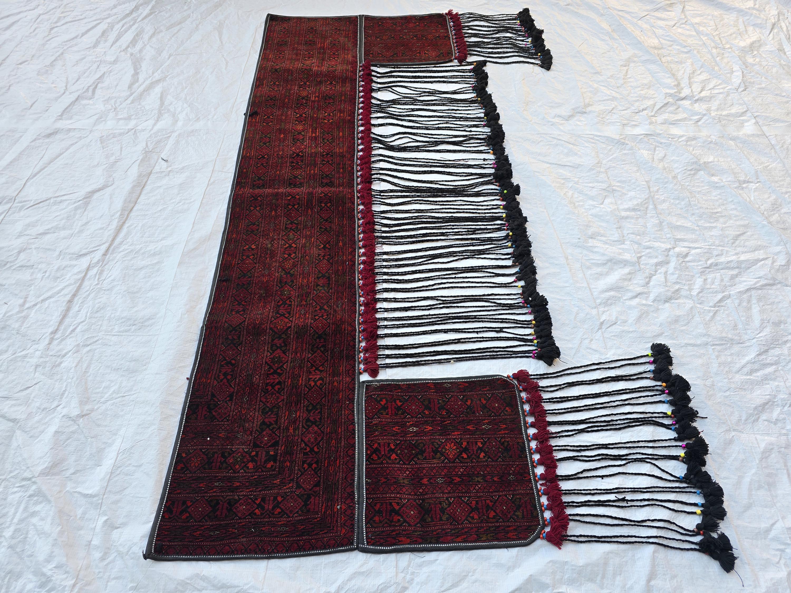 Handmade Afghan Tribal Wall Hanging Rug – 7ft Decorative Wool Textile with Tassels, Traditional Ethnic Design, Vintage Home Decor, Doorway