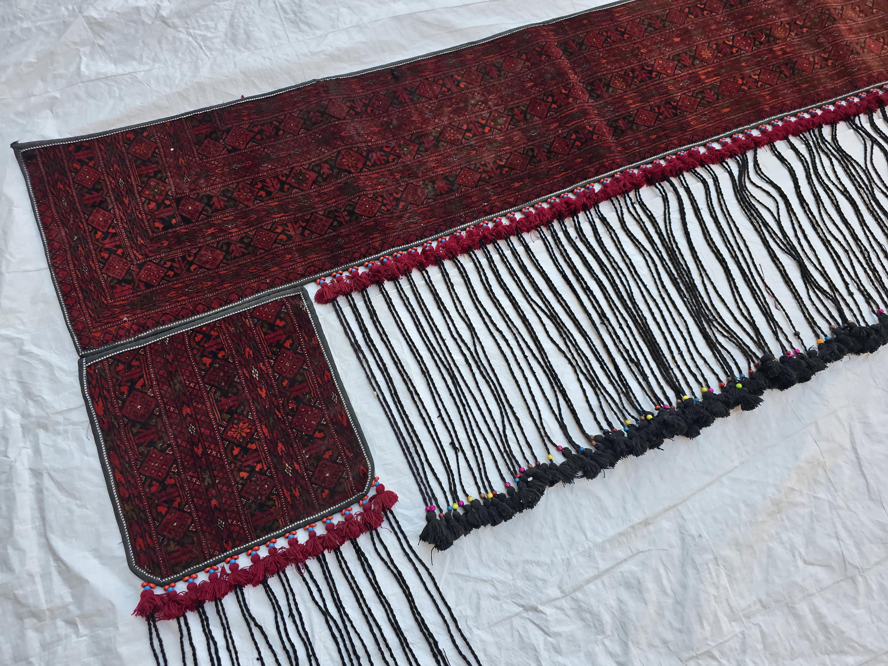 Handmade Afghan Tribal Wall Hanging Rug – 7ft Decorative Wool Textile with Tassels, Traditional Ethnic Design, Vintage Home Decor, Doorway