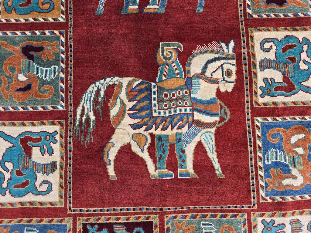 Handmade Afghan 4x6ft Wool Rug – Red Tribal Carpet with Horse & Animal Motifs, Vintage Oriental Area Rug, Boho Home Decor, Rug for Kids Room