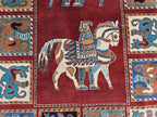 Handmade Afghan 4x6ft Wool Rug – Red Tribal Carpet with Horse & Animal Motifs, Vintage Oriental Area Rug, Boho Home Decor, Rug for Kids Room