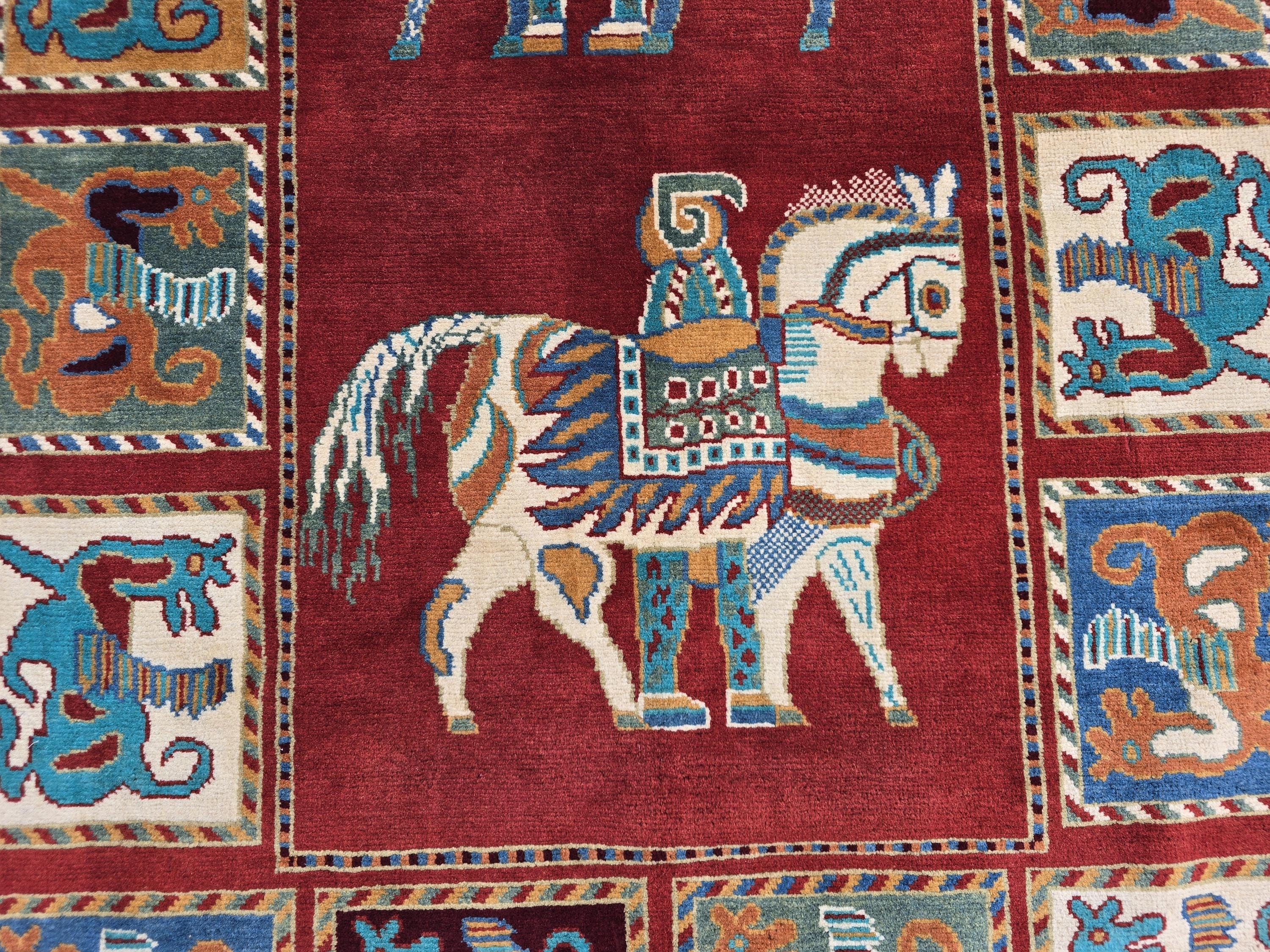 Handmade Afghan 4x6ft Wool Rug – Red Tribal Carpet with Horse & Animal Motifs, Vintage Oriental Area Rug, Boho Home Decor, Rug for Kids Room