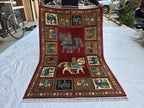 Handmade Afghan 4x6ft Wool Rug – Red Tribal Carpet with Horse & Animal Motifs, Vintage Oriental Area Rug, Boho Home Decor, Rug for Kids Room