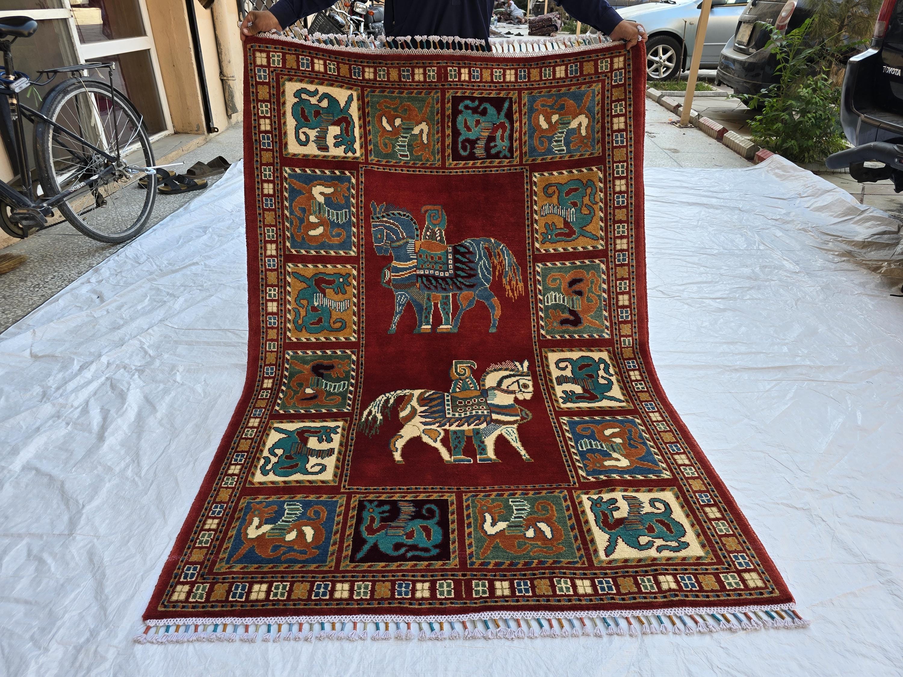 Handmade Afghan 4x6ft Wool Rug – Red Tribal Carpet with Horse & Animal Motifs, Vintage Oriental Area Rug, Boho Home Decor, Rug for Kids Room