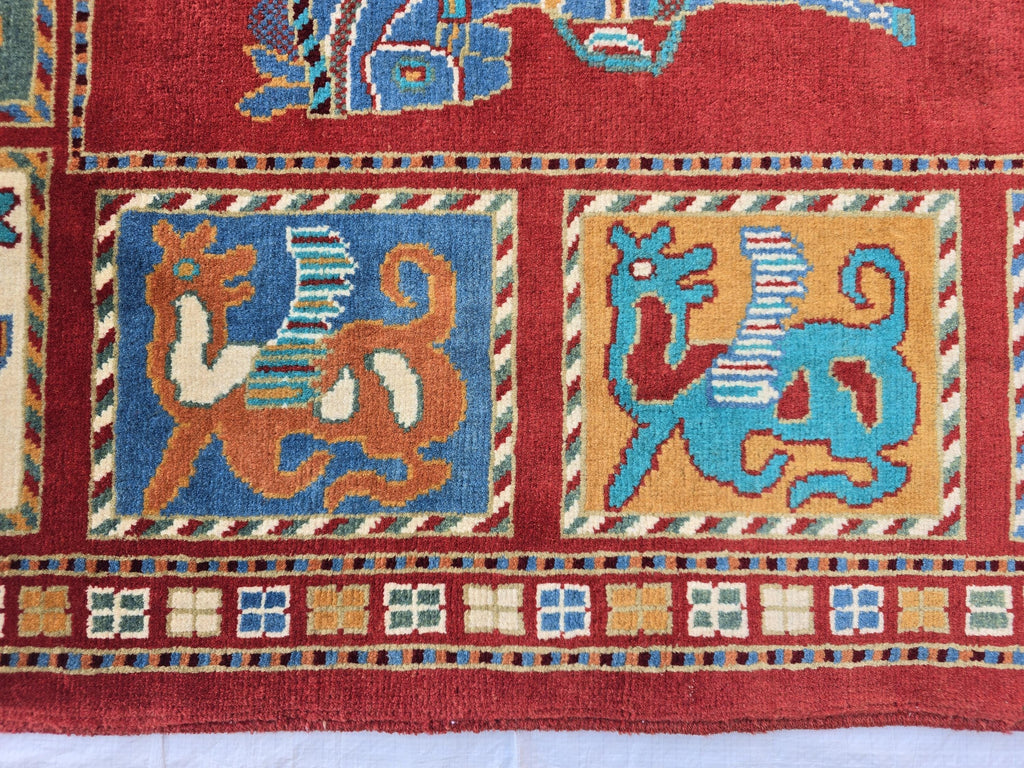 Handmade Afghan 4x6ft Wool Rug – Red Tribal Carpet with Horse & Animal Motifs, Vintage Oriental Area Rug, Boho Home Decor, Rug for Kids Room