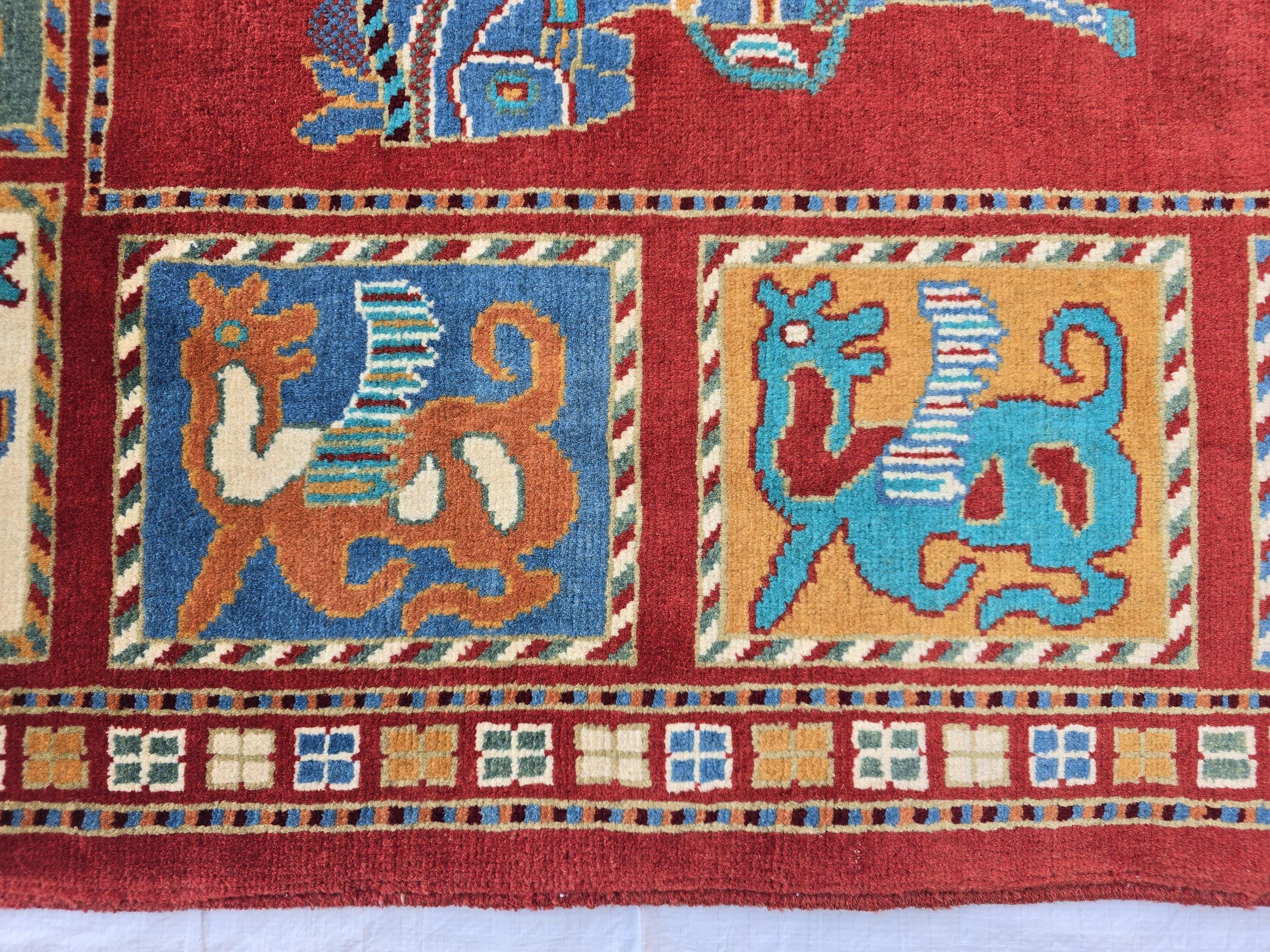 Handmade Afghan 4x6ft Wool Rug – Red Tribal Carpet with Horse & Animal Motifs, Vintage Oriental Area Rug, Boho Home Decor, Rug for Kids Room
