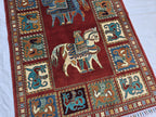 Handmade Afghan 4x6ft Wool Rug – Red Tribal Carpet with Horse & Animal Motifs, Vintage Oriental Area Rug, Boho Home Decor, Rug for Kids Room
