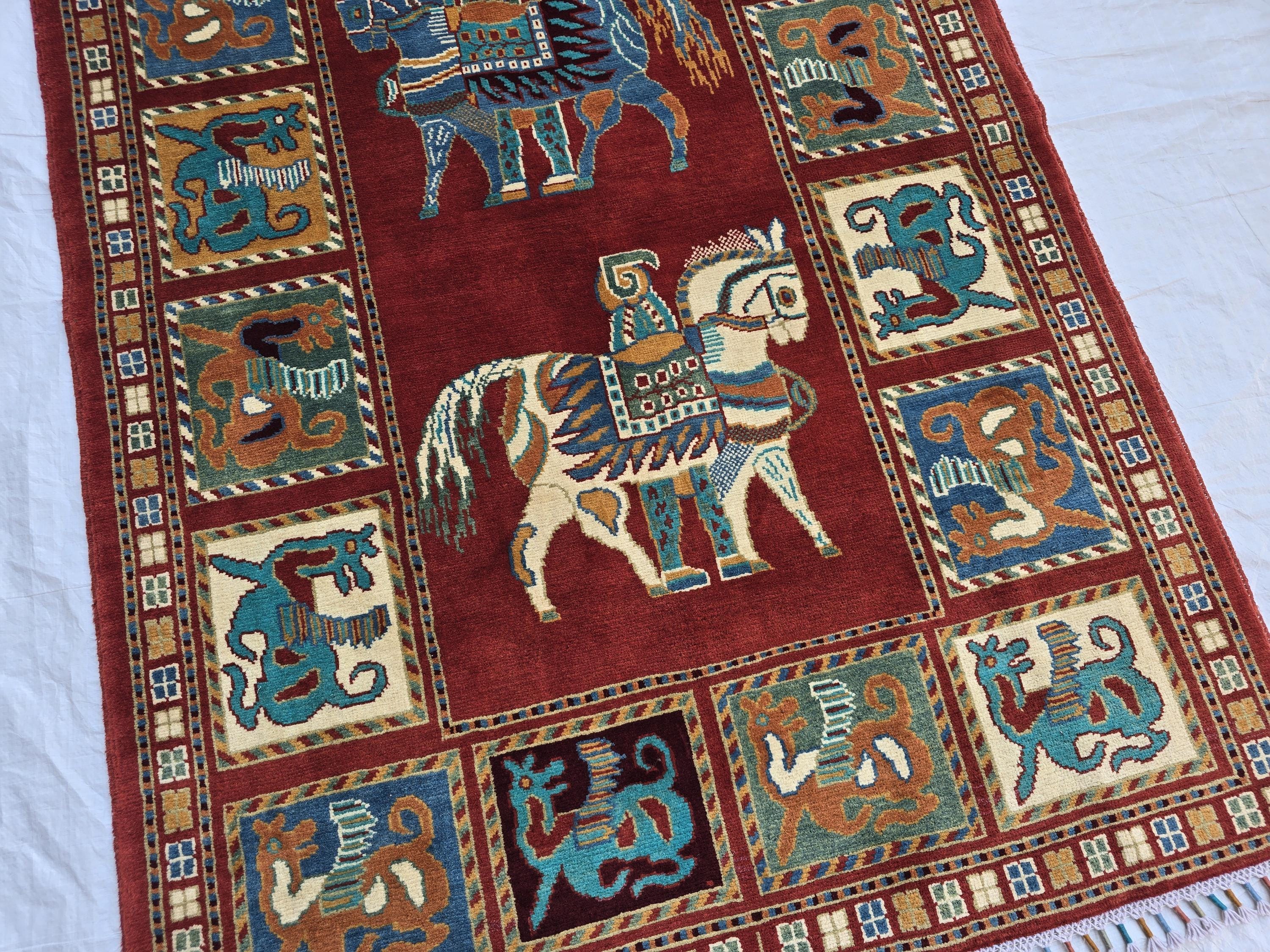 Handmade Afghan 4x6ft Wool Rug – Red Tribal Carpet with Horse & Animal Motifs, Vintage Oriental Area Rug, Boho Home Decor, Rug for Kids Room