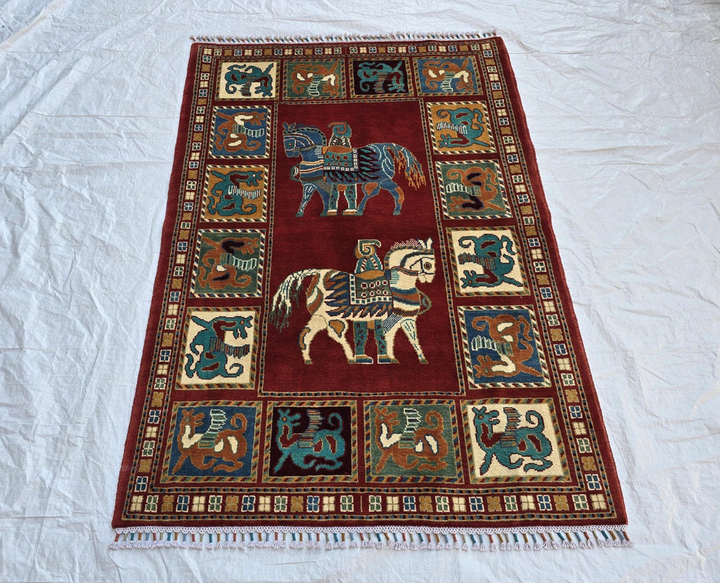 Handmade Afghan 4x6ft Wool Rug – Red Tribal Carpet with Horse & Animal Motifs, Vintage Oriental Area Rug, Boho Home Decor, Rug for Kids Room