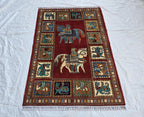 Handmade Afghan 4x6ft Wool Rug – Red Tribal Carpet with Horse & Animal Motifs, Vintage Oriental Area Rug, Boho Home Decor, Rug for Kids Room