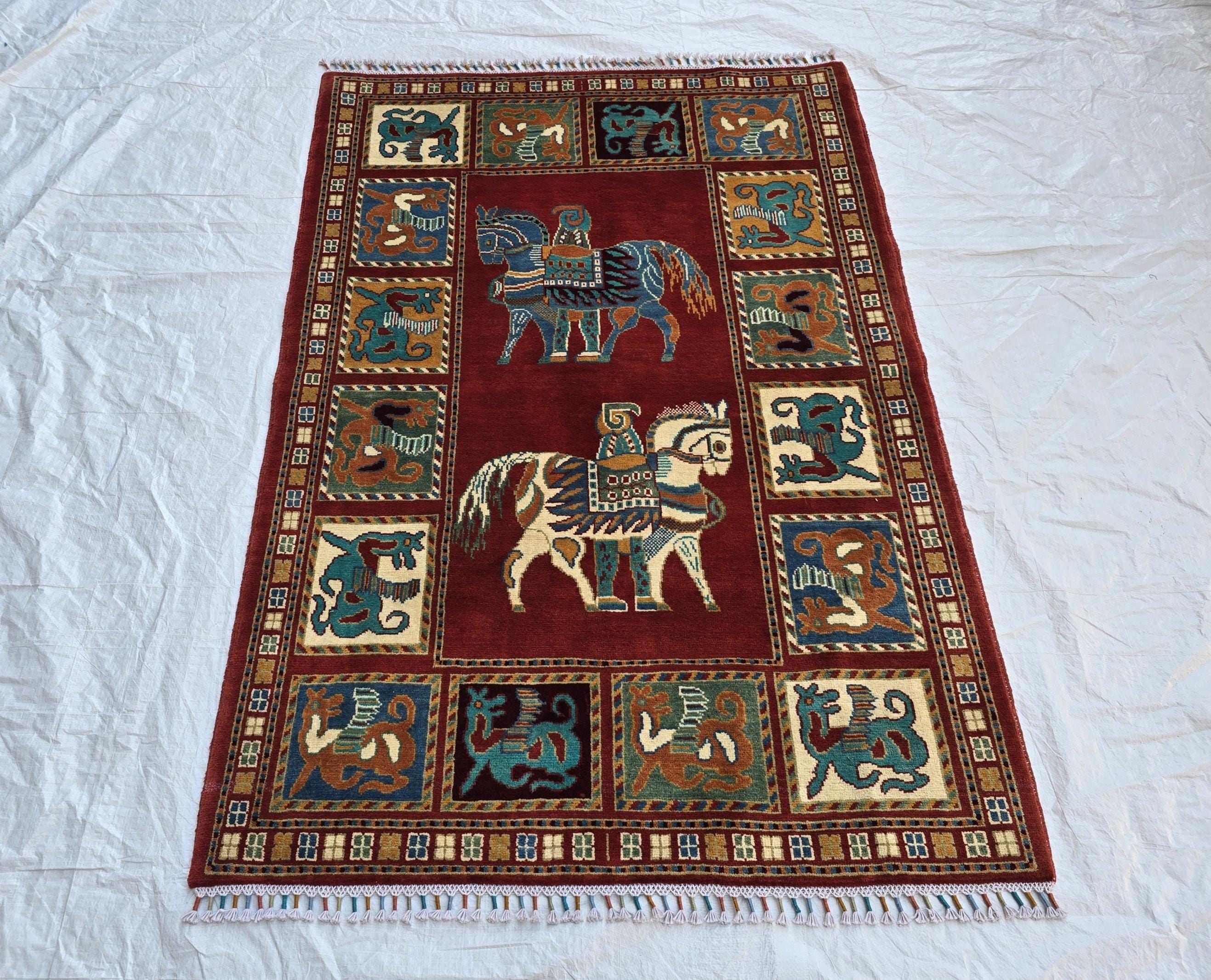 Handmade Afghan 4x6ft Wool Rug – Red Tribal Carpet with Horse & Animal Motifs, Vintage Oriental Area Rug, Boho Home Decor, Rug for Kids Room