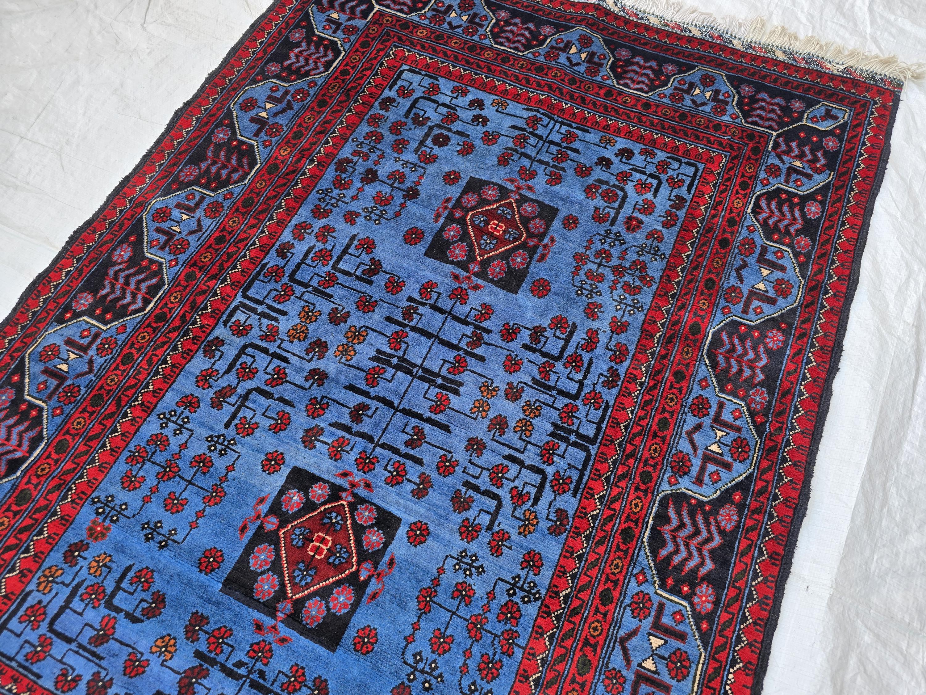 3x5 Navy Blue and Red Bukhara Afghan Handwoven Accent Rug, Turkmen Geometric Tribal Wool Rug, Bedroom Rug, Office Rug, Living Room Rug
