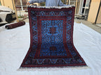 3x5 Navy Blue and Red Bukhara Afghan Handwoven Accent Rug, Turkmen Geometric Tribal Wool Rug, Bedroom Rug, Office Rug, Living Room Rug